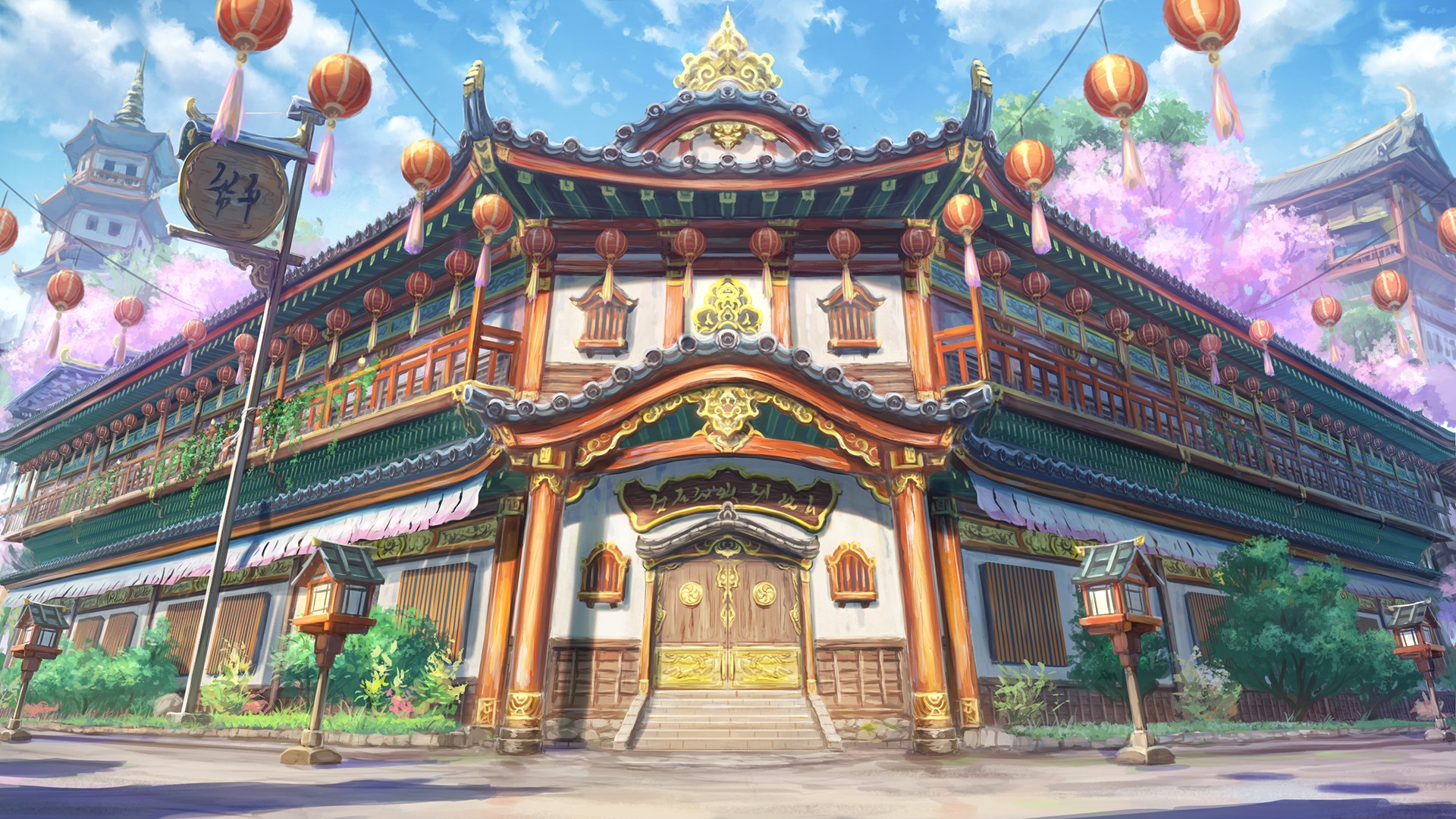 Traditional East Asian building with lanterns and trees HD Wallpaper