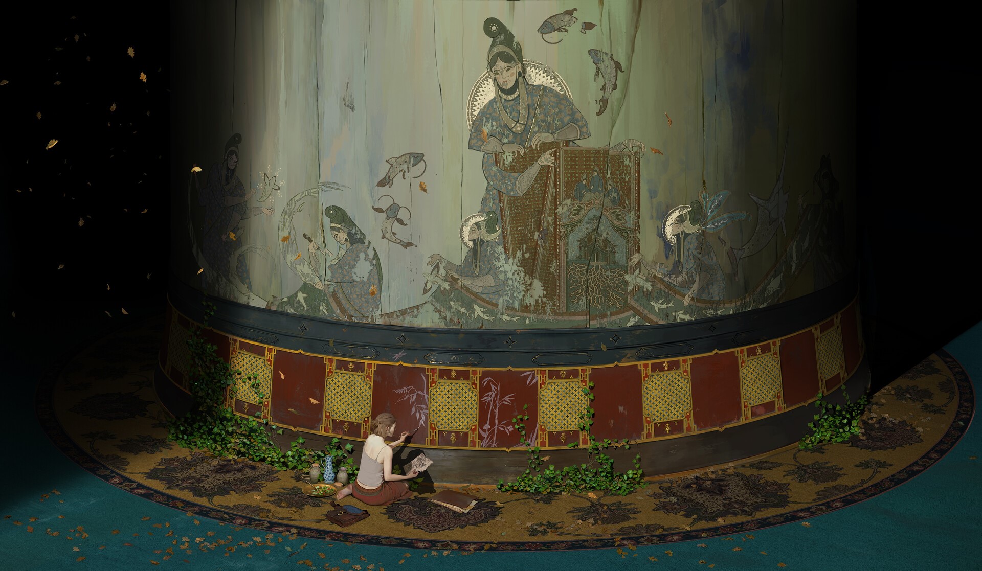 Woman painting on a mural on a cylindrical pillar HD Wallpaper