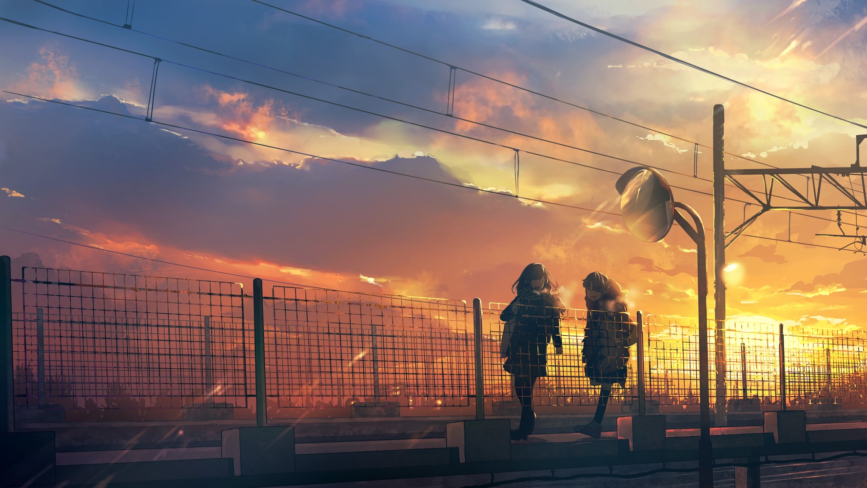 Two anime girls on a train platform at sunset HD Wallpaper