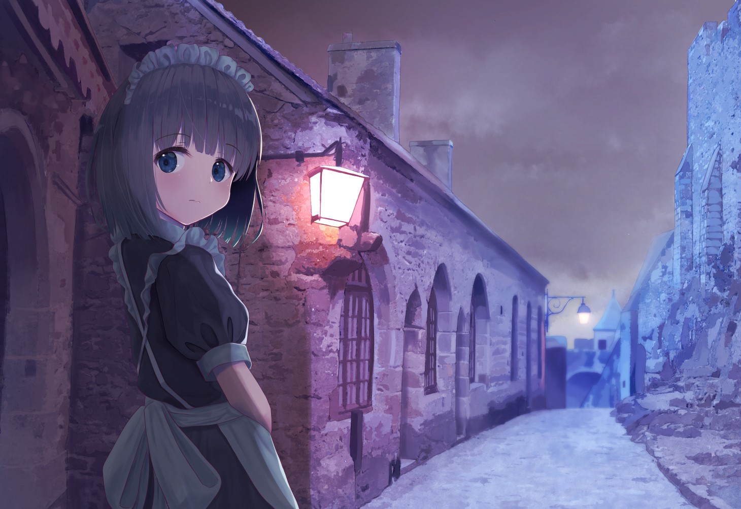 Anime maid girl in a cobblestone alley at night HD Wallpaper
