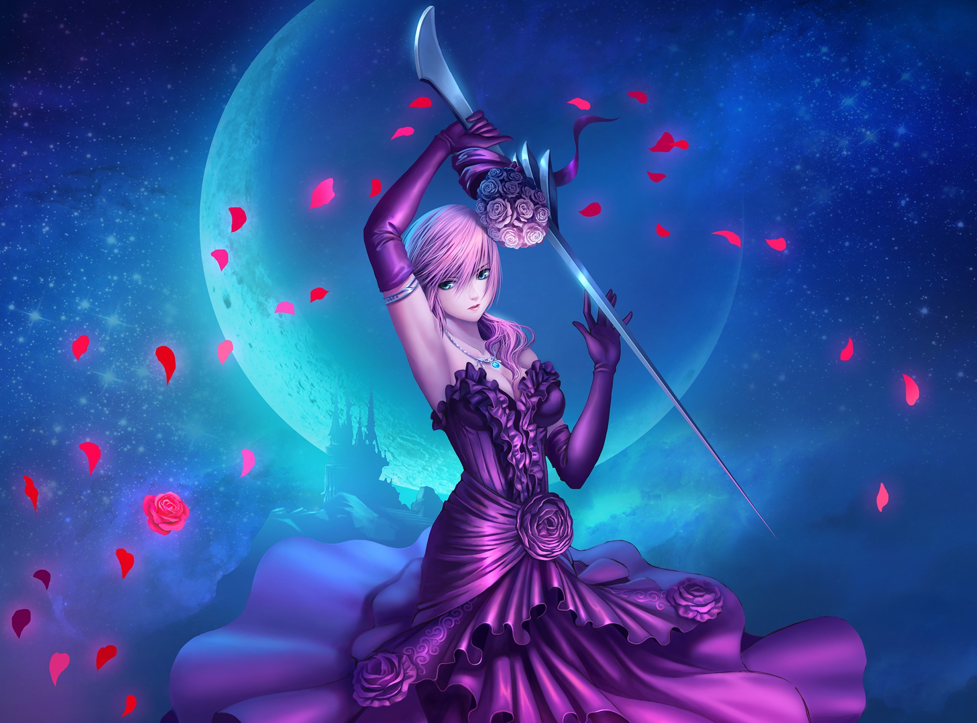 Anime girl in purple dress holding a sword HD Wallpaper