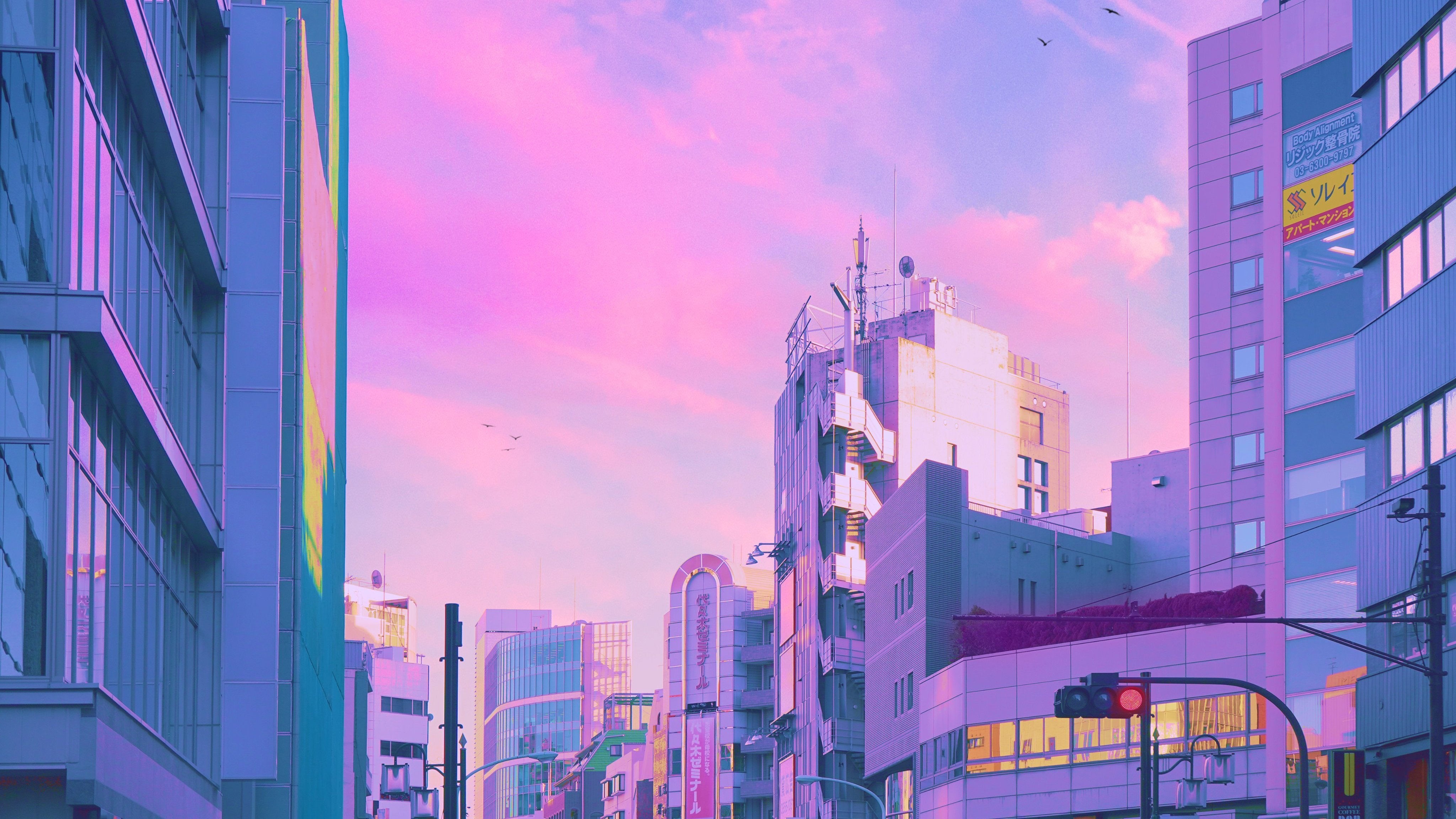 4K Cityscape with Pink Sky and Traffic Lights in Japan HD Wallpaper