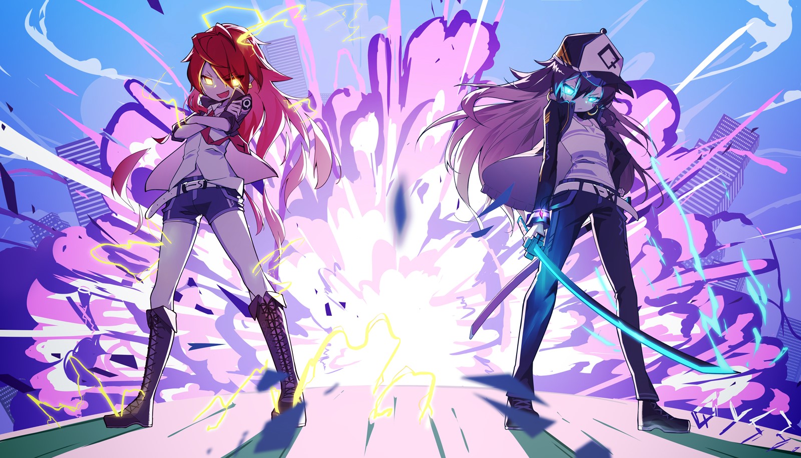 Two anime girls with glowing eyes and weapons in front of an explosion HD Wallpaper