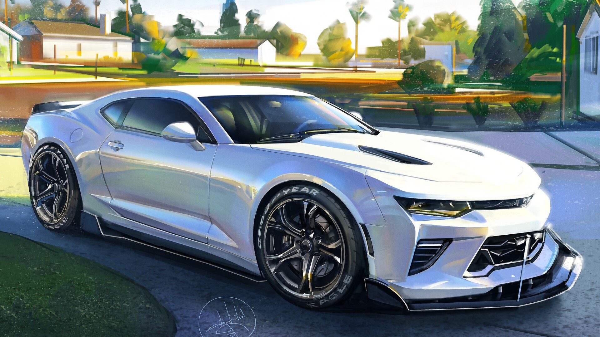 White Chevrolet Camaro sports car artwork HD Wallpaper