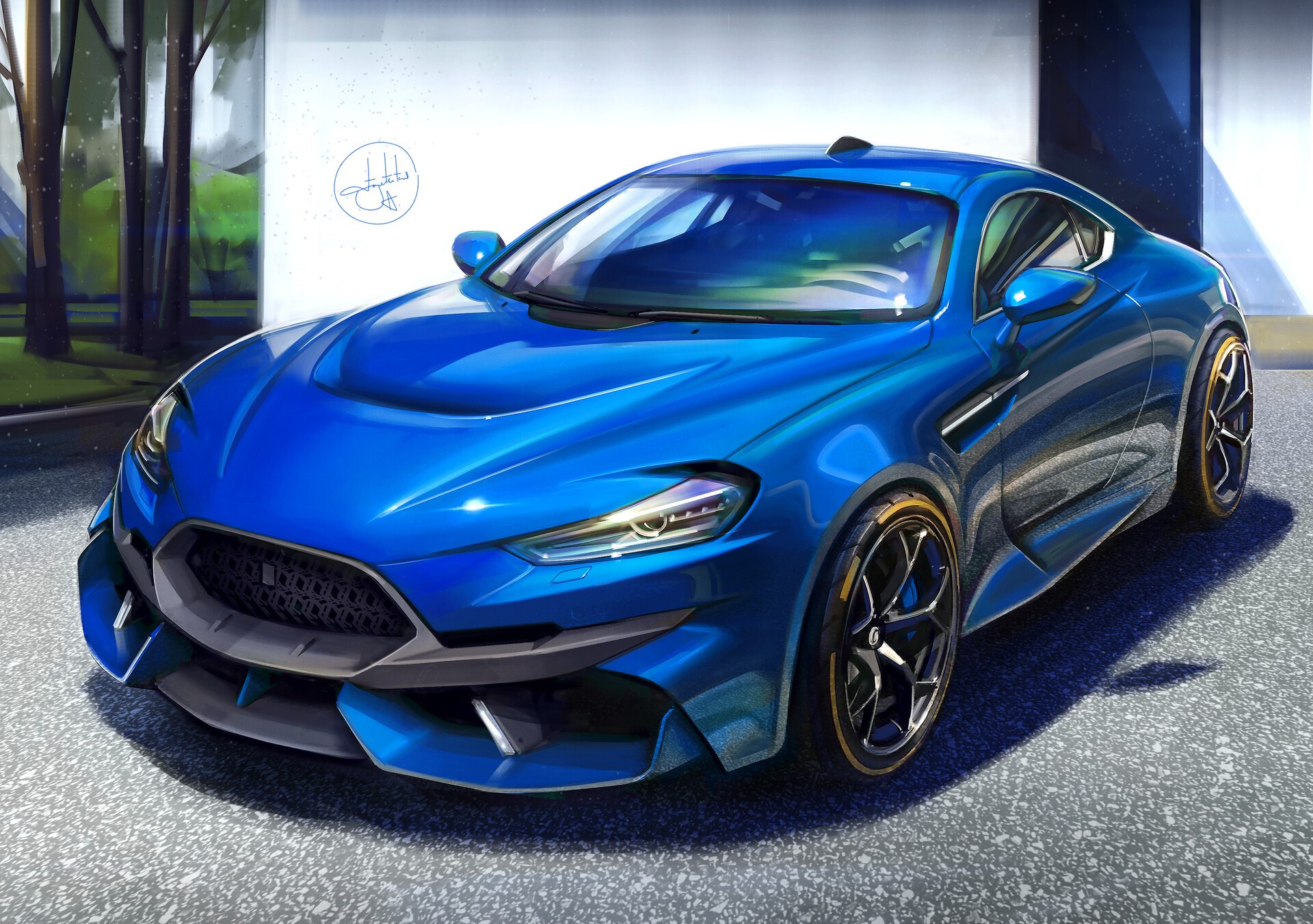 Blue sports car drawing by Aleksandr Sidelnikov HD Wallpaper
