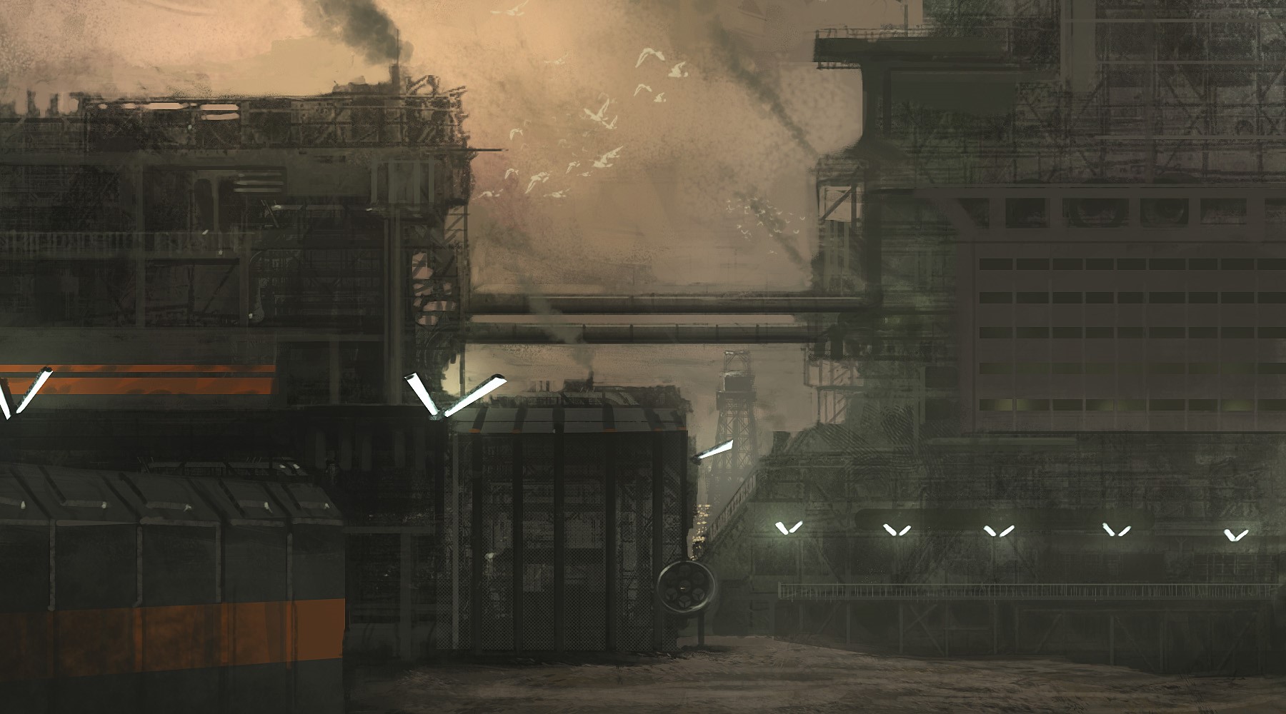 Futuristic industrial complex with smoke and birds HD Wallpaper