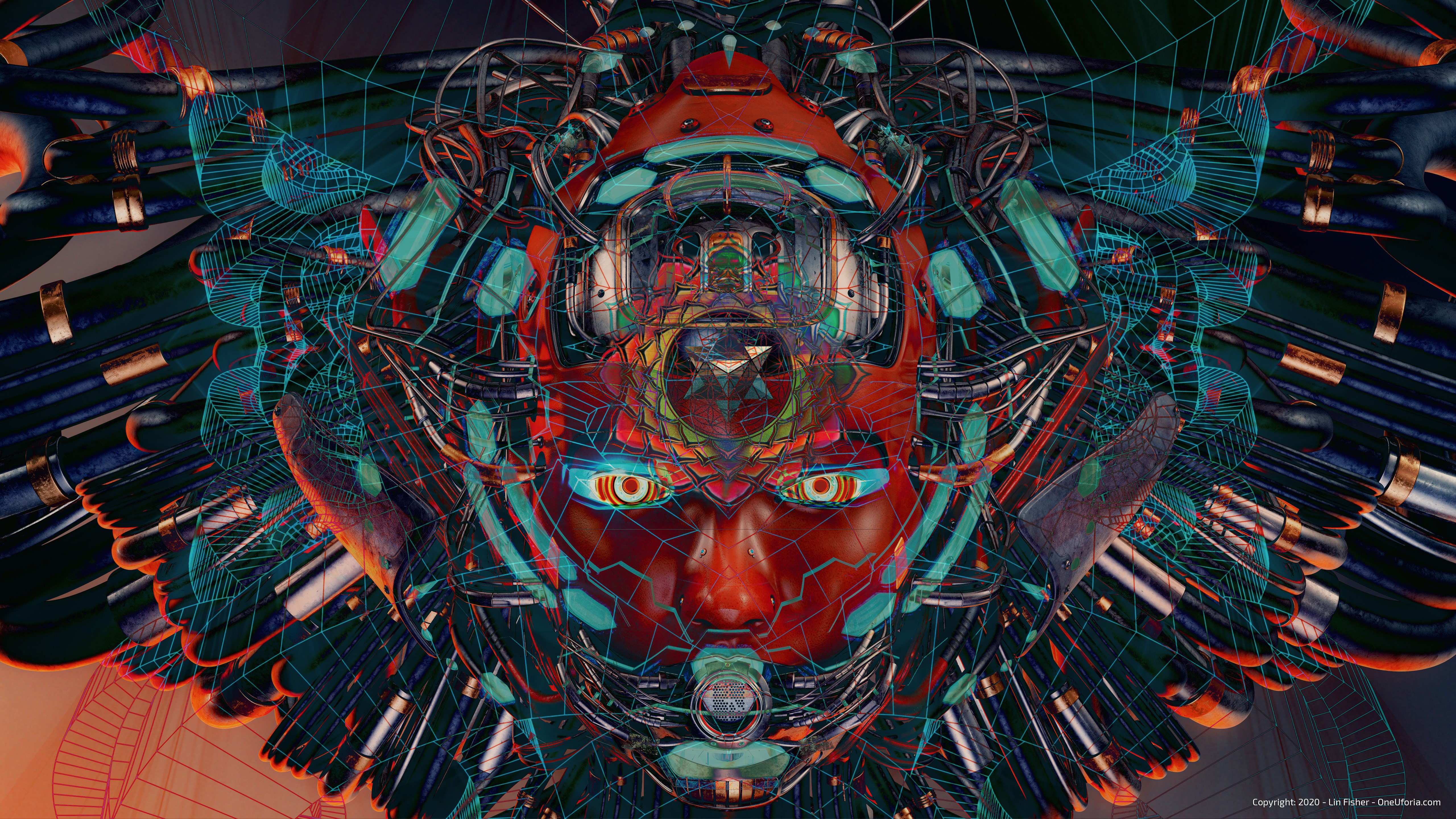 Surreal AI Face with Sacred Geometry and Futuristic Wires HD Wallpaper
