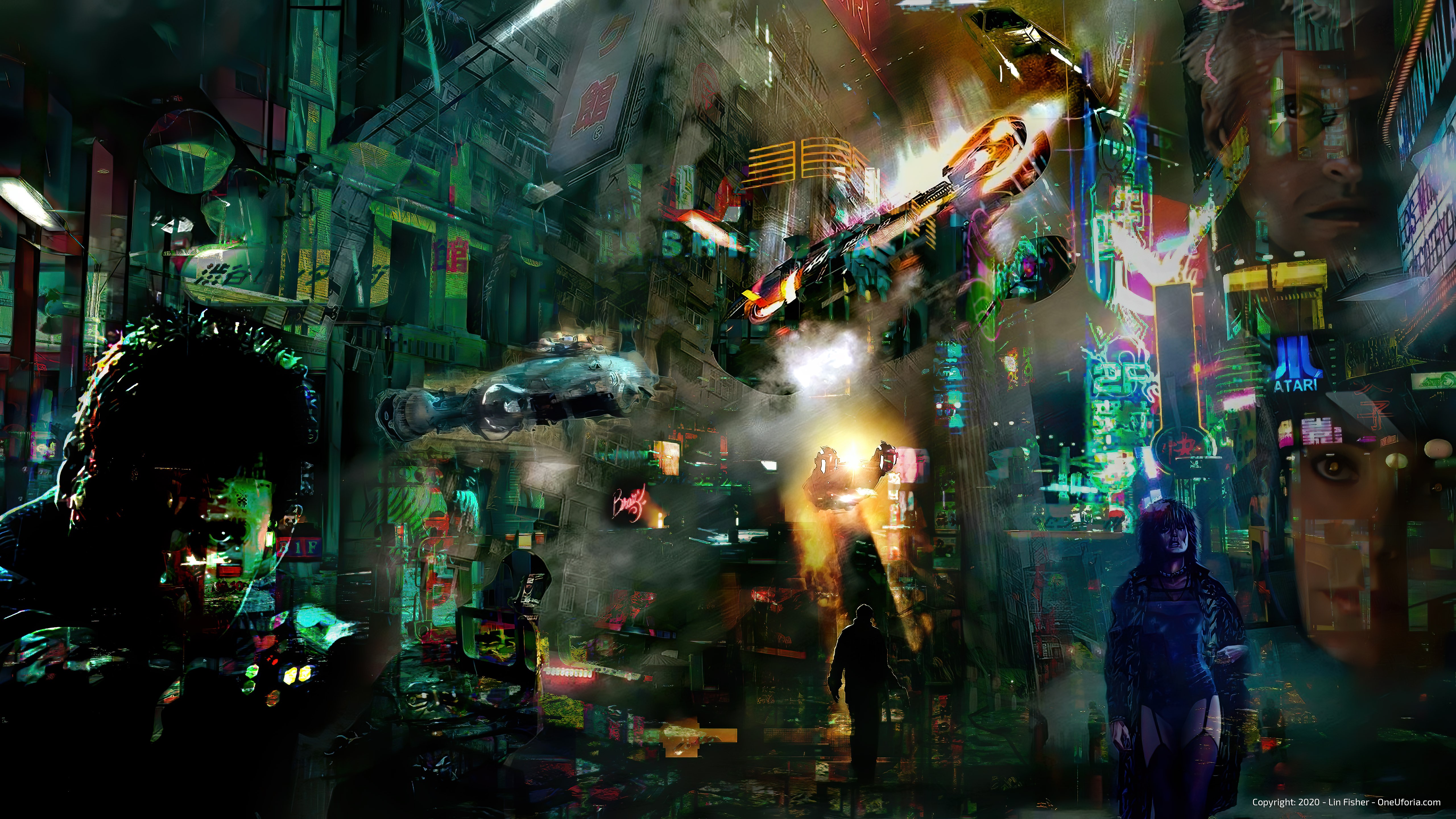 Futuristic Cityscape with Flying Vehicles and Figures HD Wallpaper