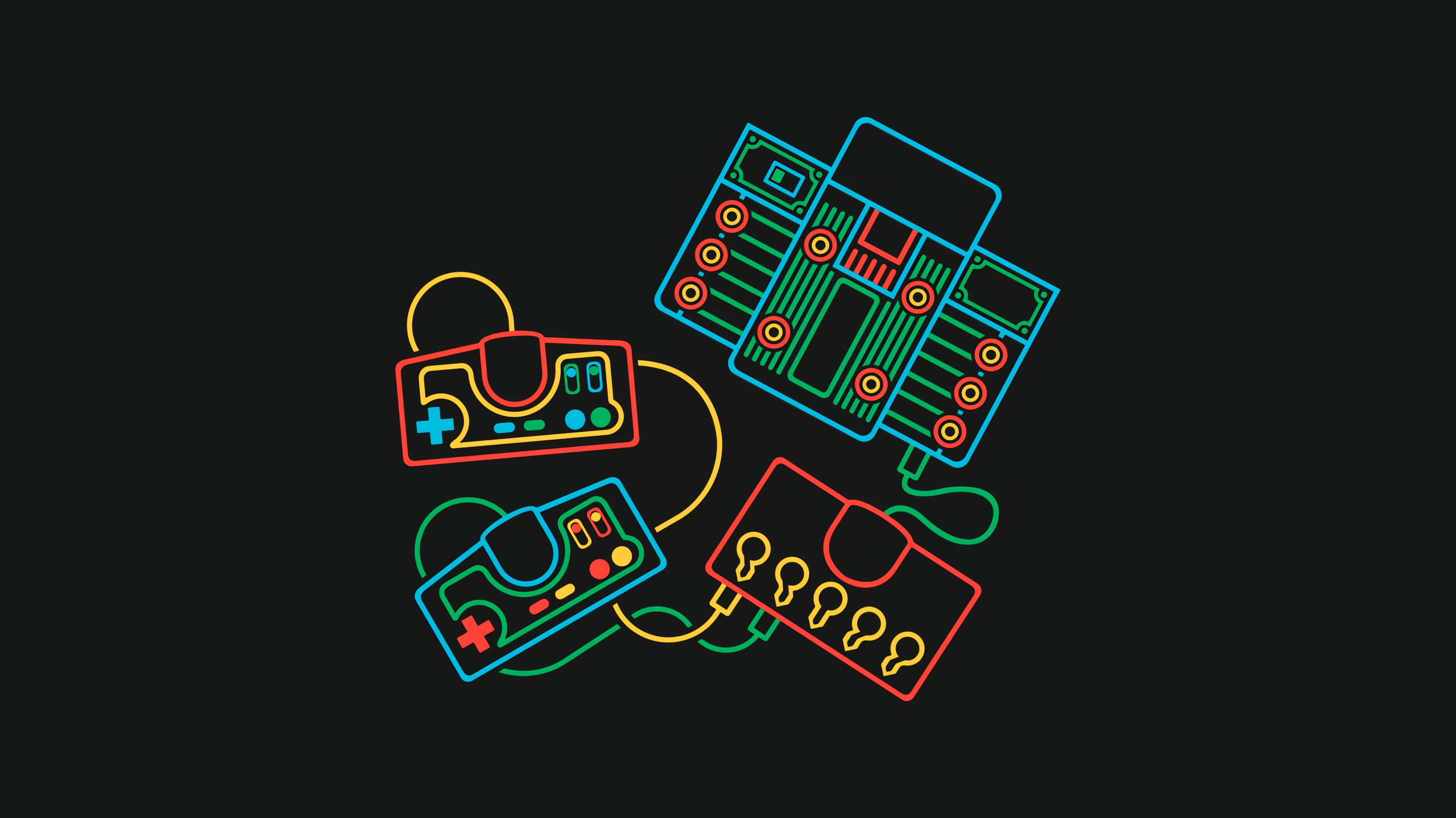 Retro game controllers and circuit board illustration HD Wallpaper