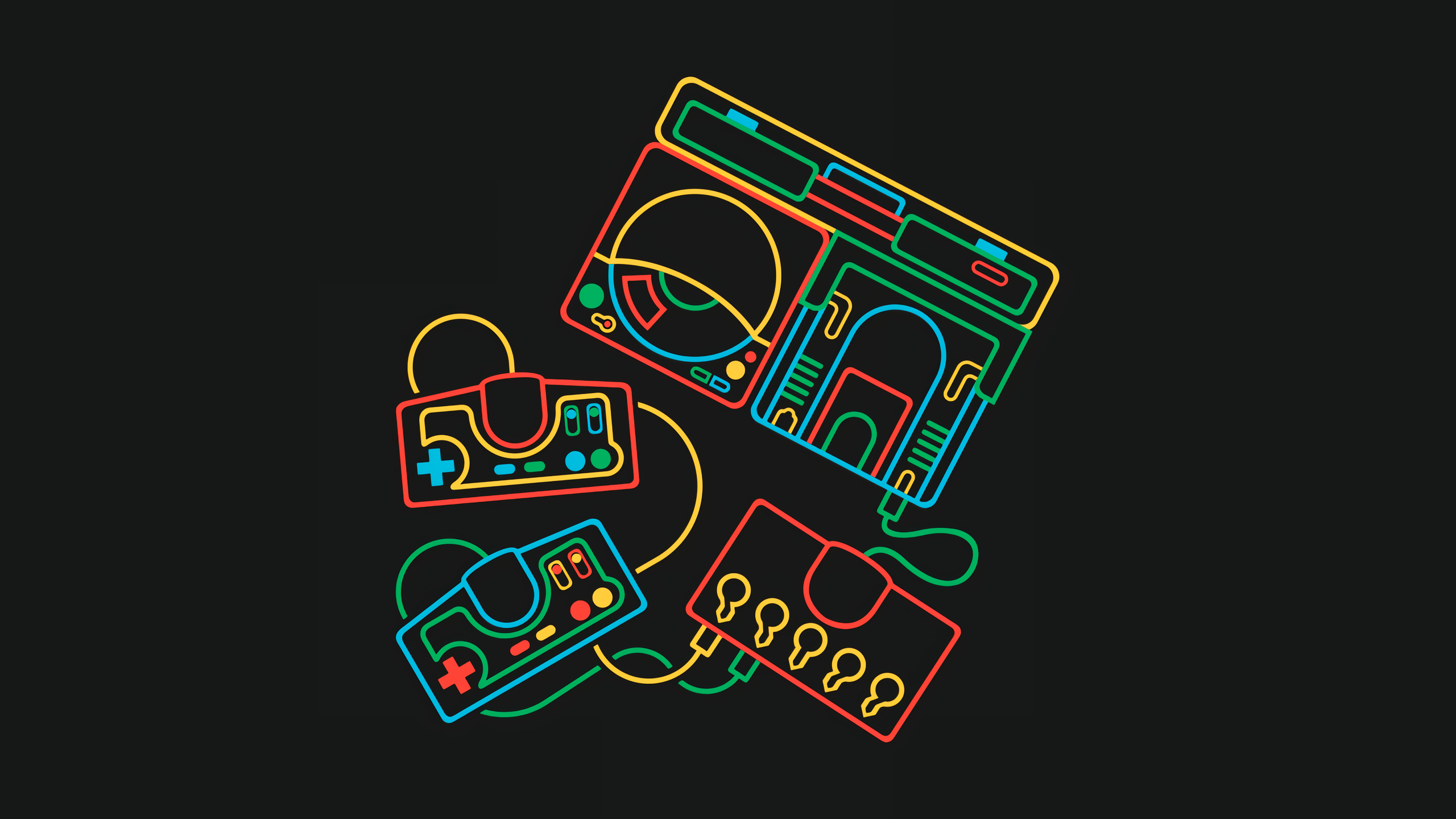 Retro video game consoles and controllers, minimalist neon art HD Wallpaper