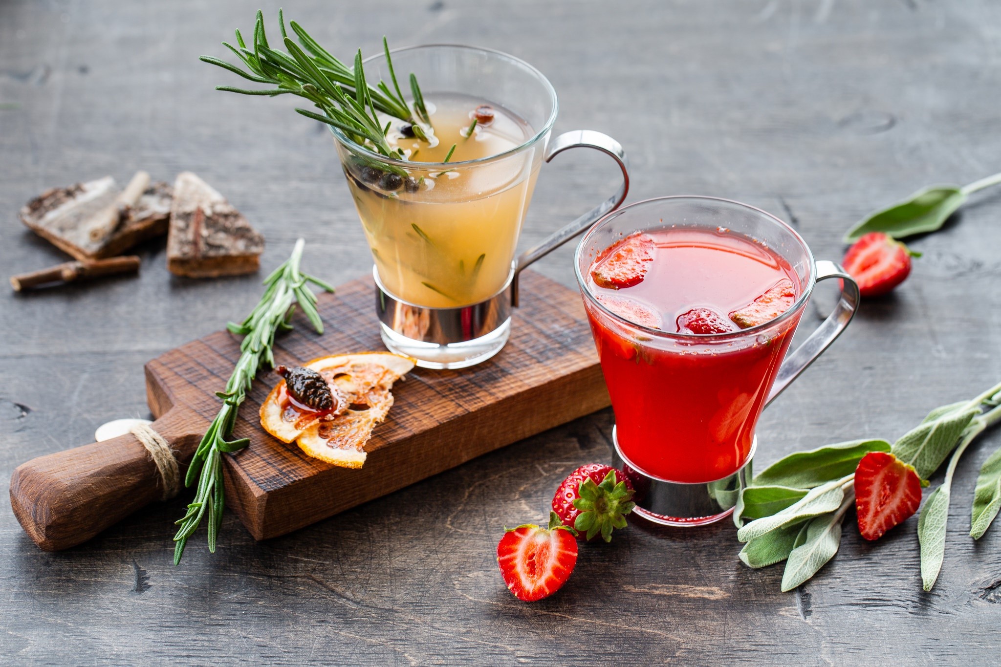 Two glasses of drinks with fruits and herbs HD Wallpaper