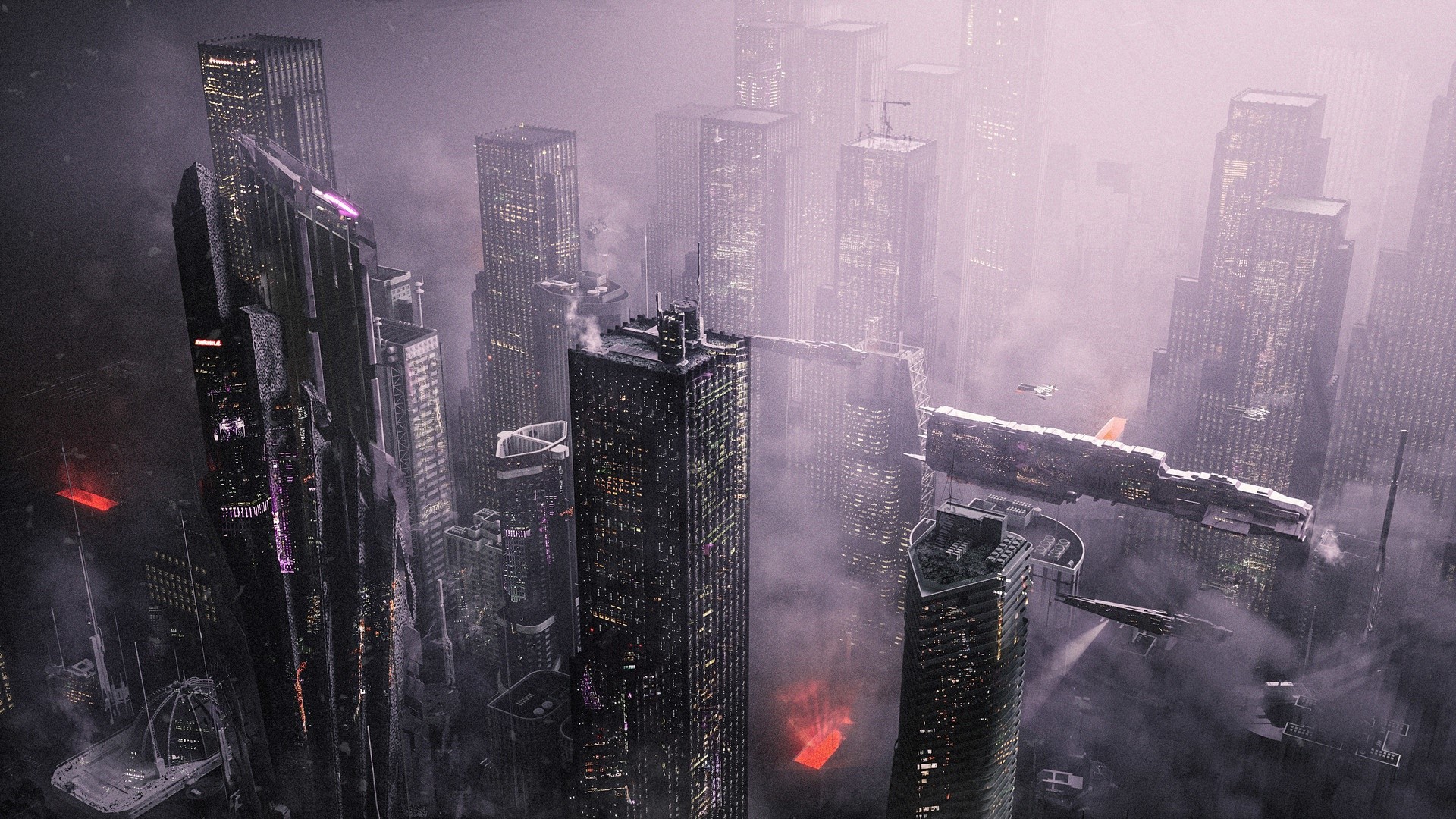 Futuristic city skyline with flying vehicles HD Wallpaper