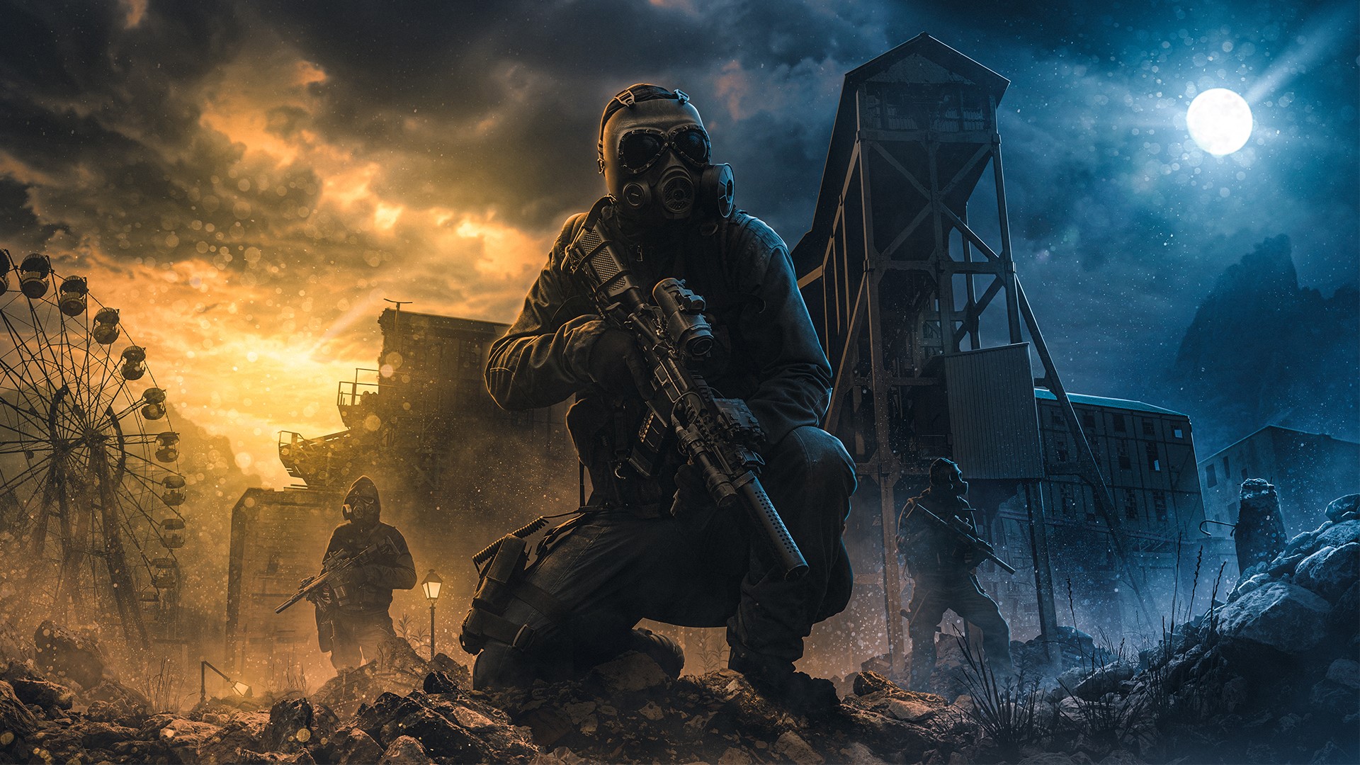 Soldiers in a post-apocalyptic abandoned amusement park HD Wallpaper