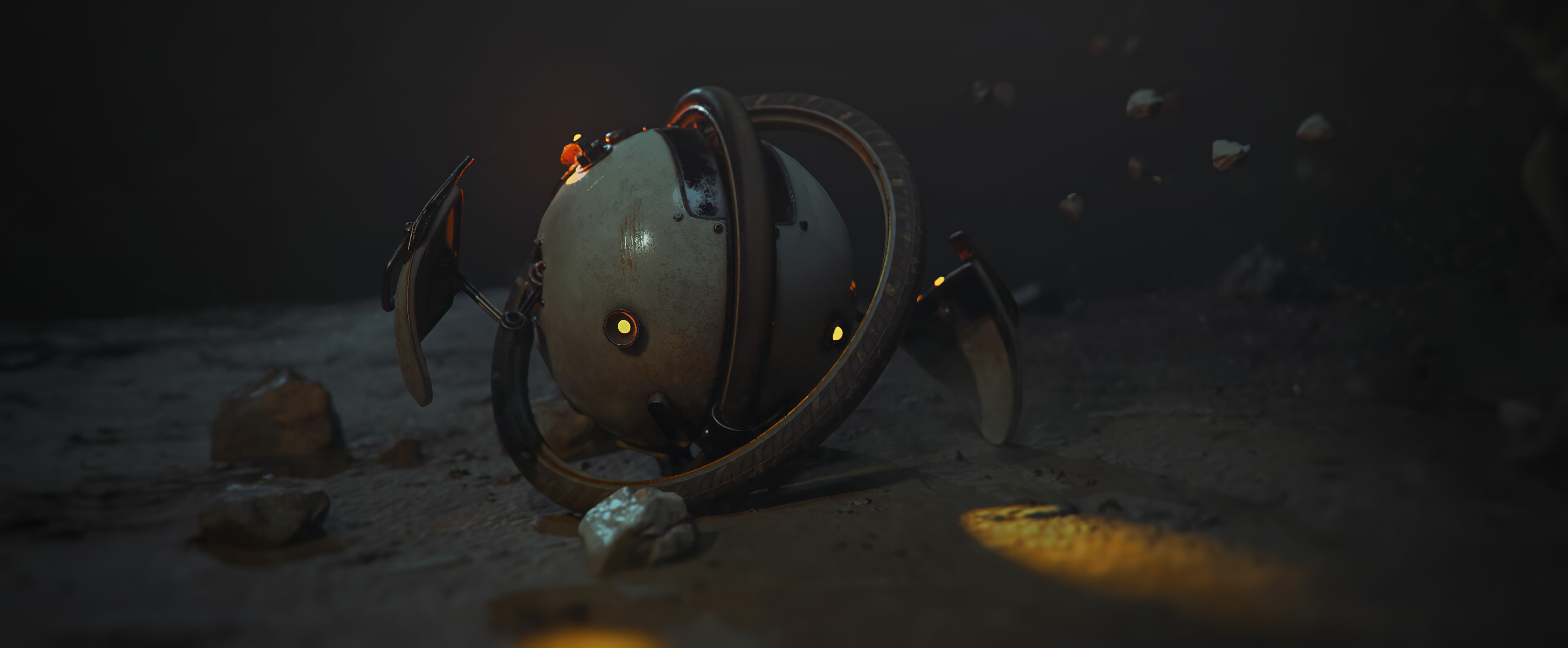 Futuristic robot with ring and lights on rocky ground HD Wallpaper