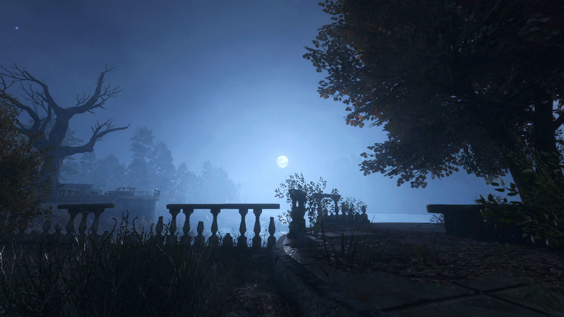 Moonlit landscape with ruins and trees HD Wallpaper
