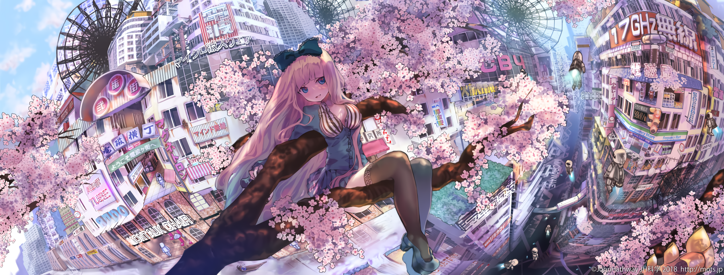 Anime girl with pink hair in a cherry blossom cityscape HD Wallpaper