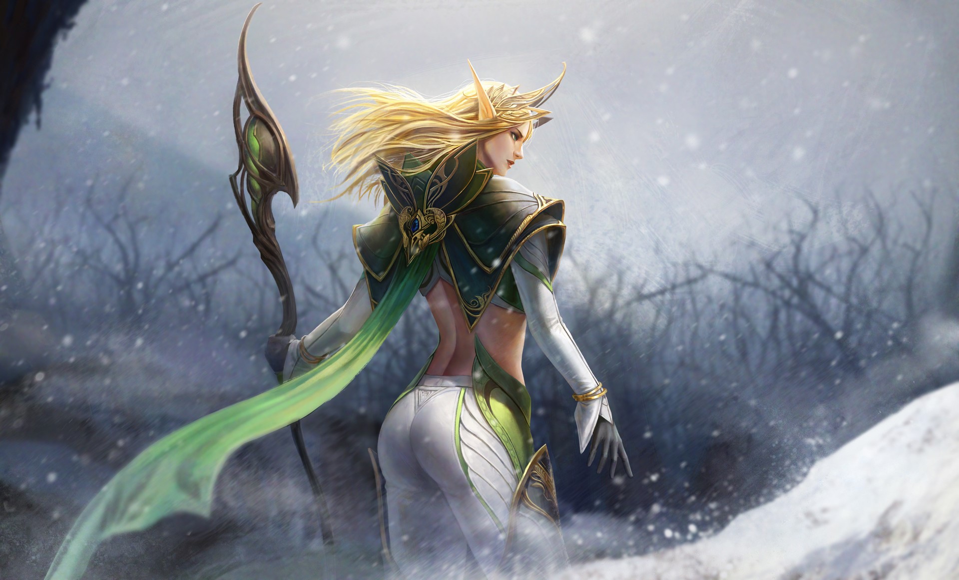 Elf woman with staff in snowy forest HD Wallpaper