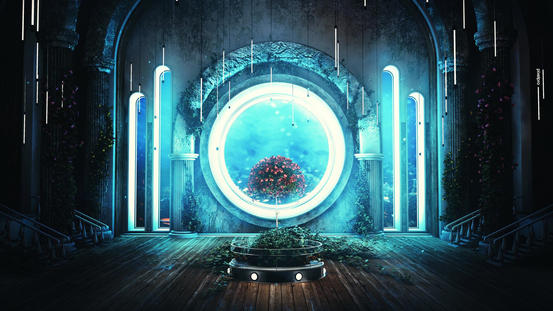 Fantasy art of a glowing circular window with plants HD Wallpaper