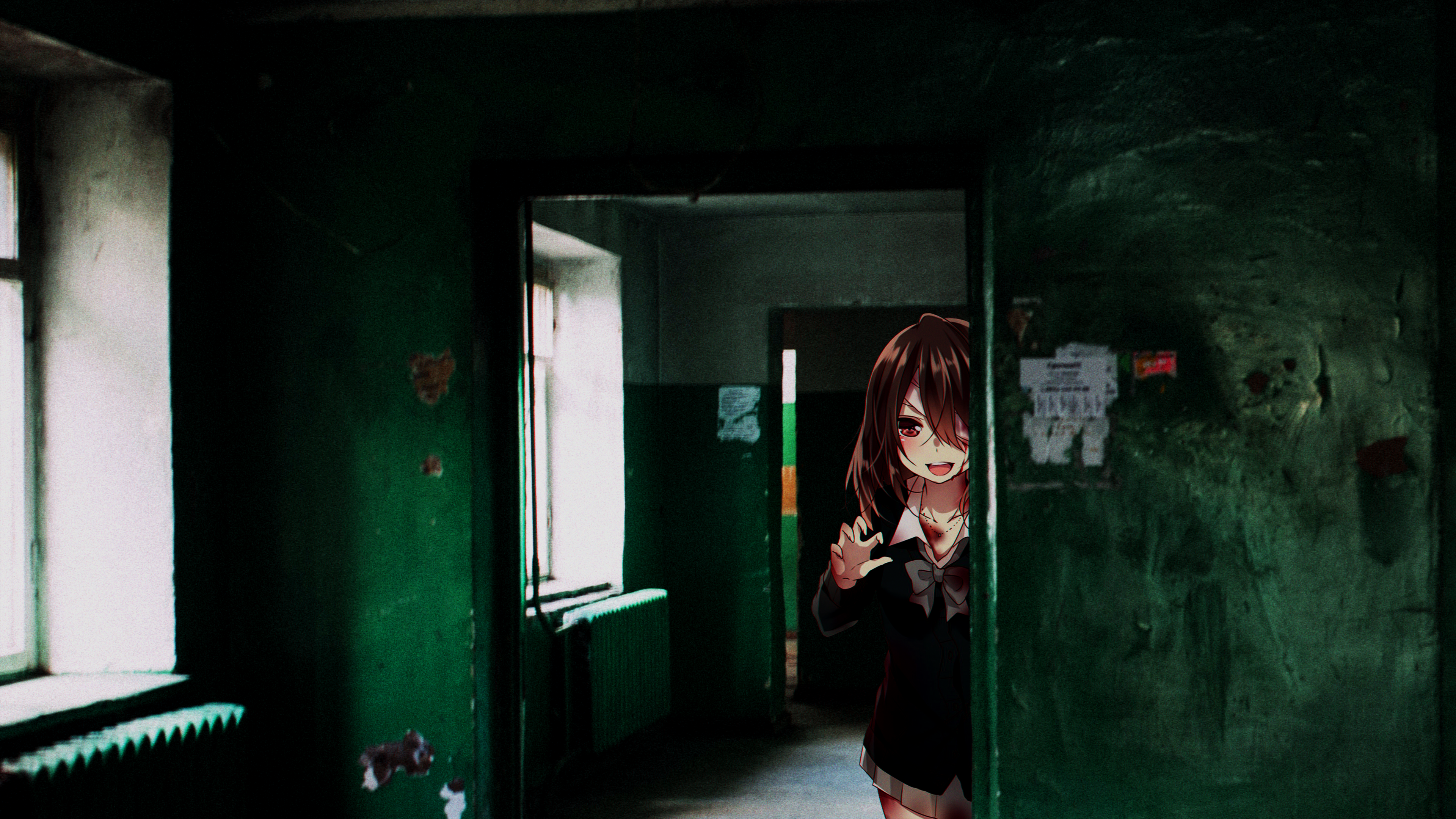 Creepy anime girl in abandoned Russian house HD Wallpaper
