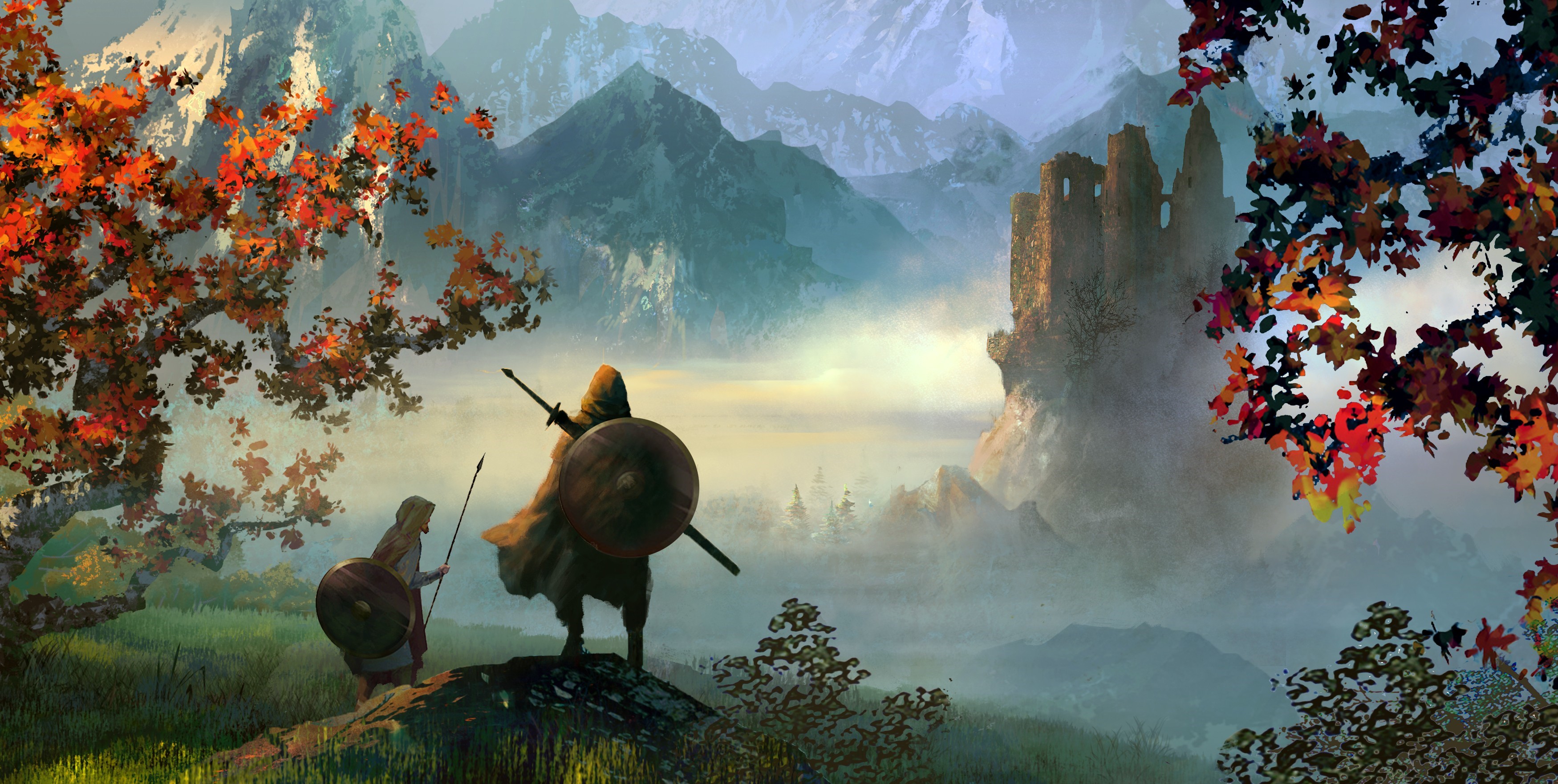 Fantasy landscape with warriors and ruined castle HD Wallpaper