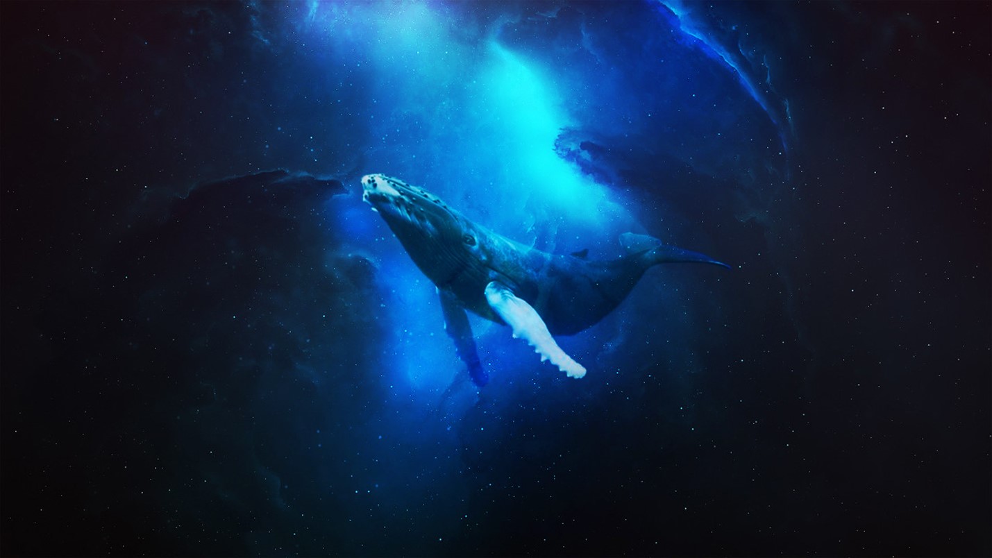 Whale swimming in a blue nebula in space HD Wallpaper
