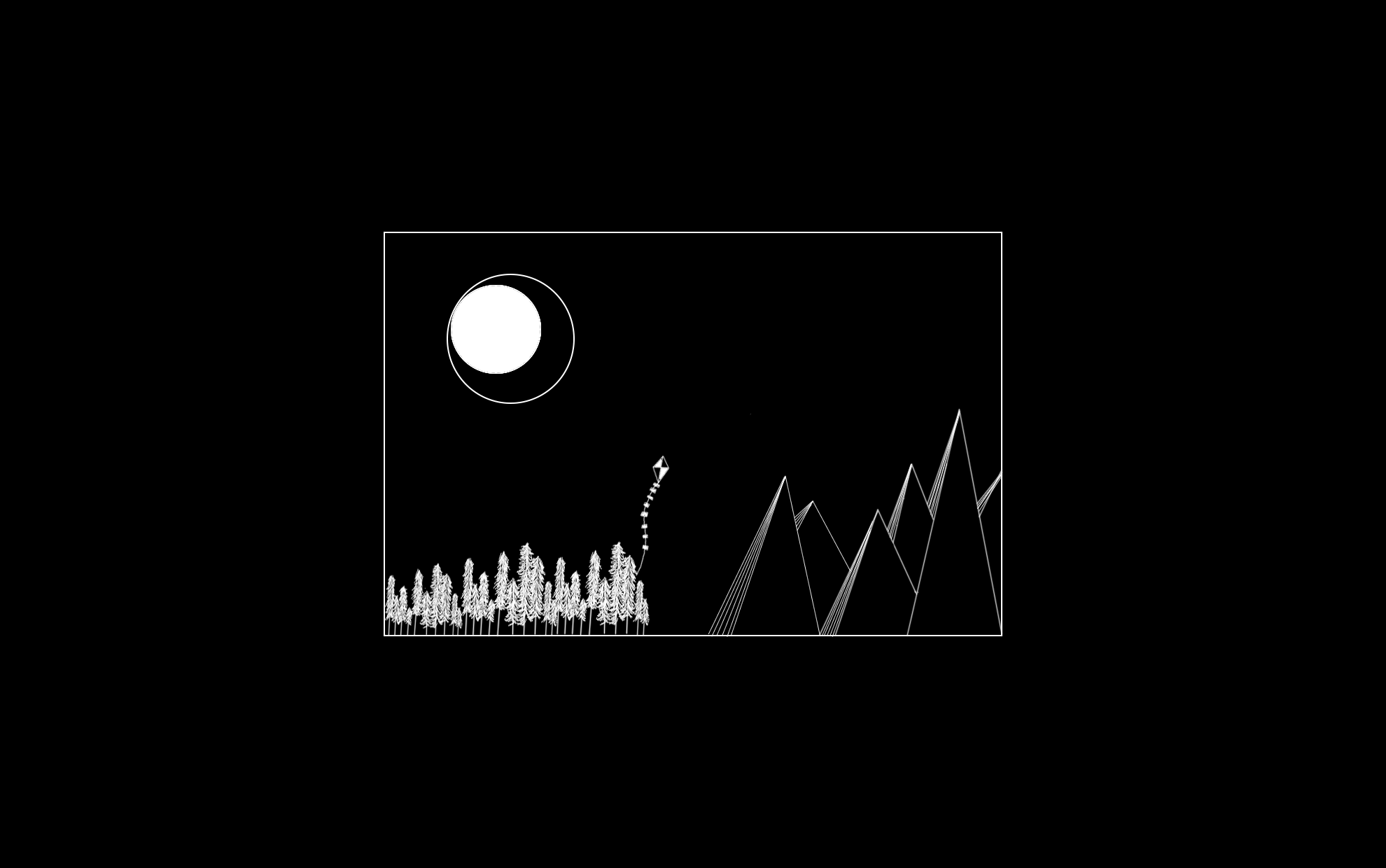 Minimalist night landscape with moon, trees, kite, and mountains HD Wallpaper