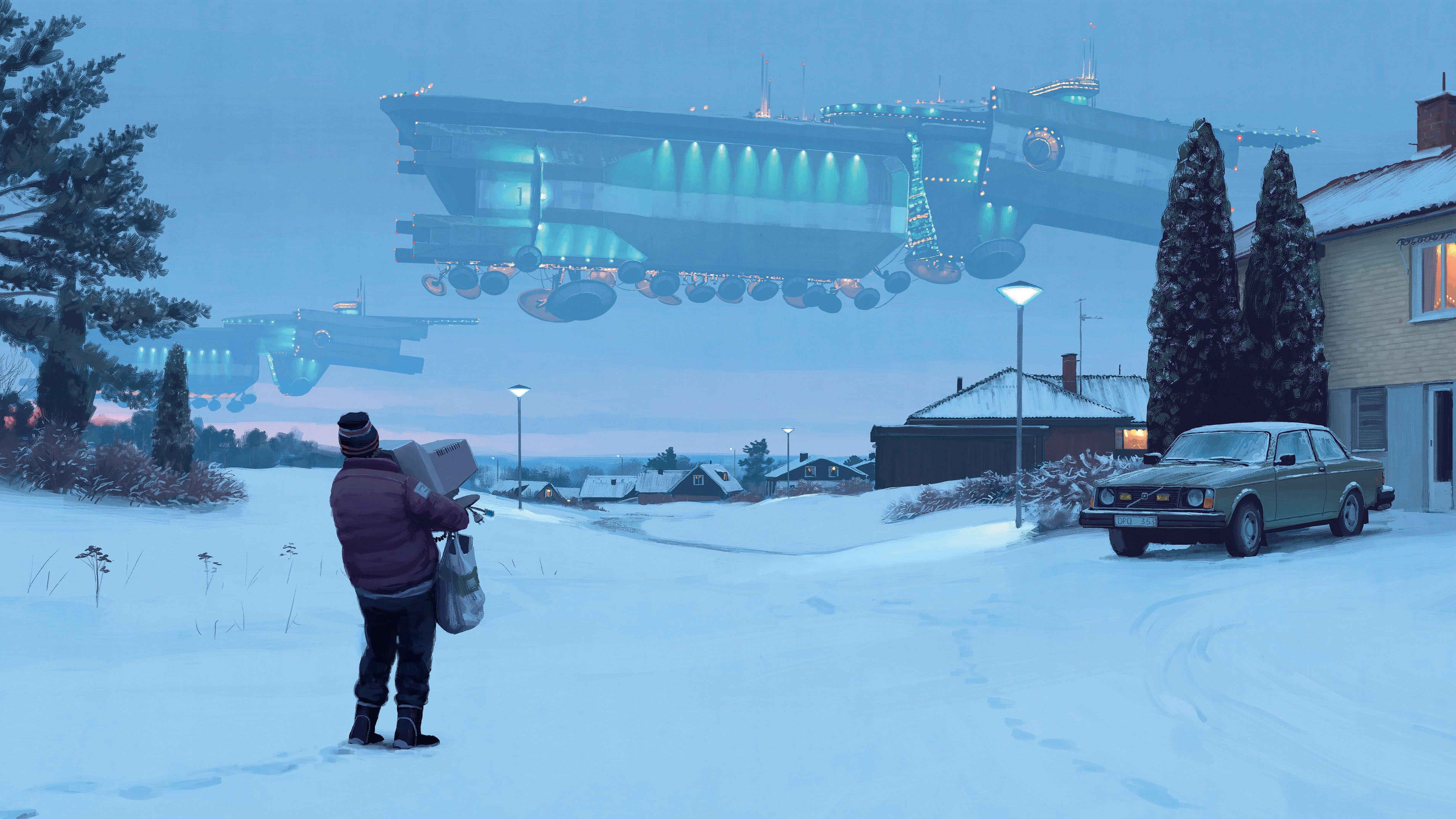 Spaceships over a snowy village with a person carrying boxes HD Wallpaper