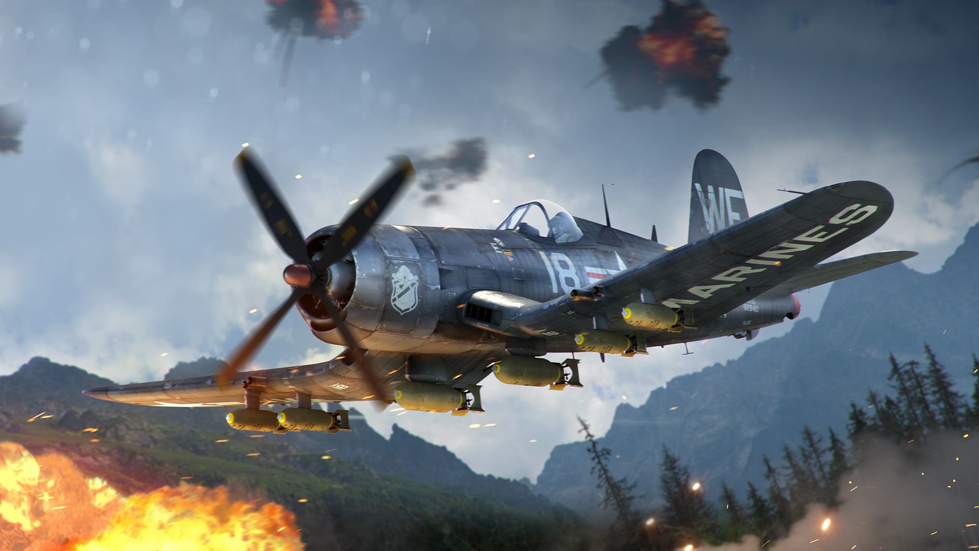 F4U Corsair aircraft in flight during combat HD Wallpaper