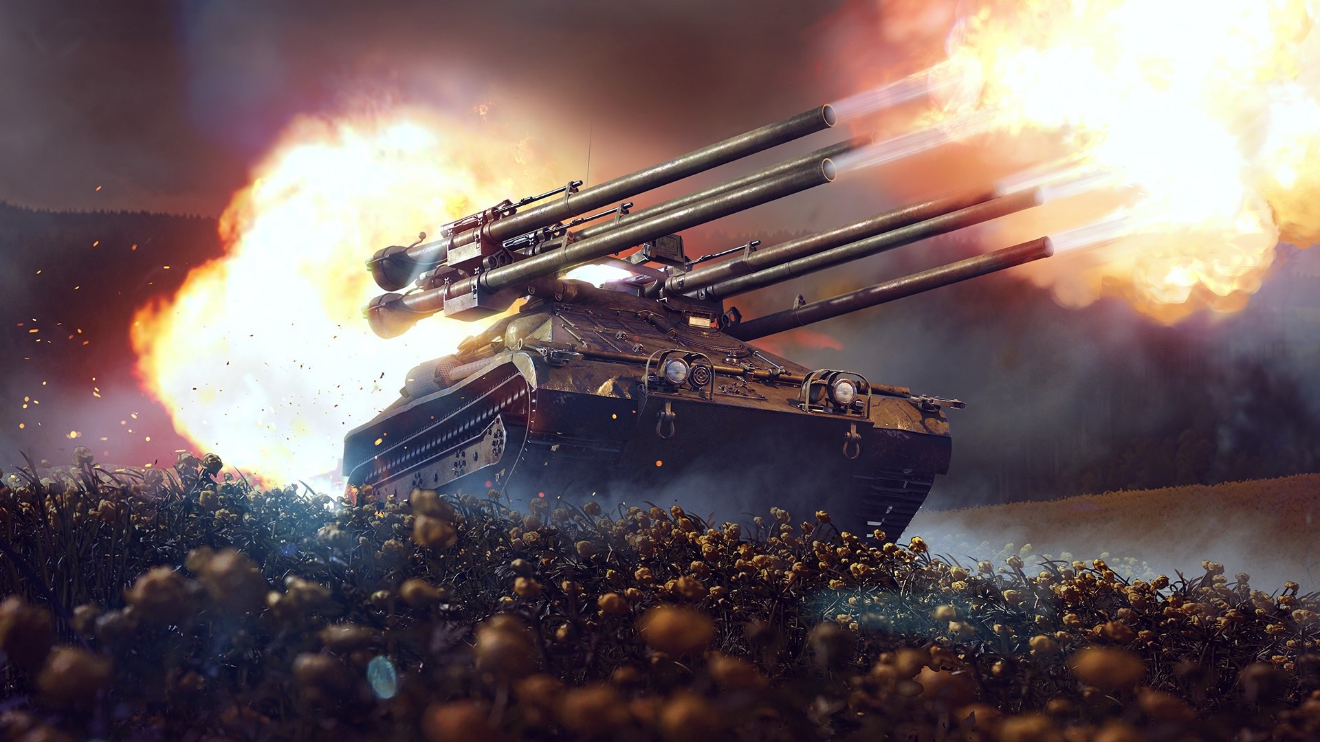 Tank firing rockets in a field HD Wallpaper