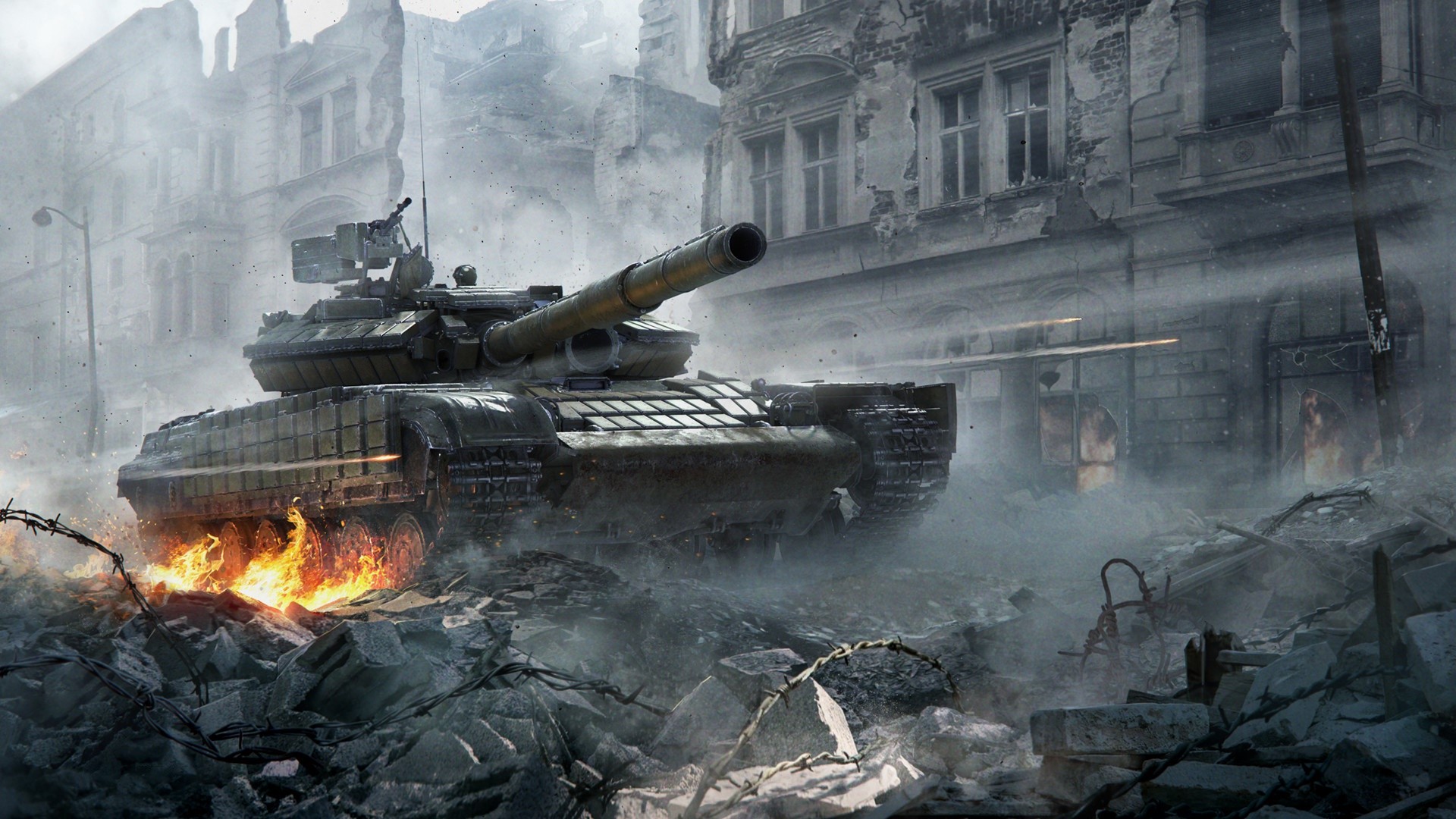Tank in destroyed city ruins with fire HD Wallpaper