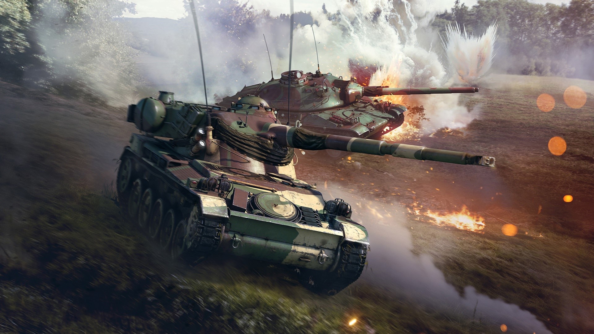 Tanks in battle with explosions and fire HD Wallpaper