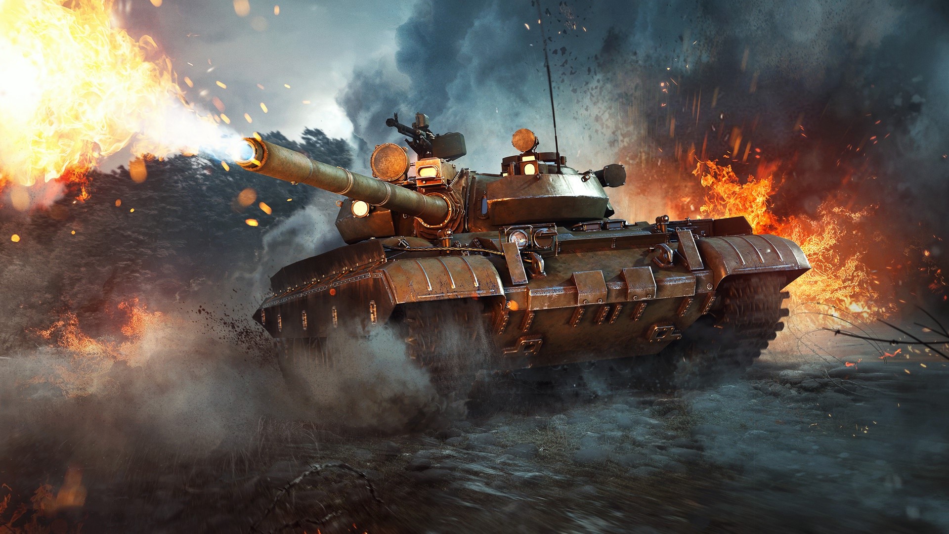 Tank firing in a fiery battlefield HD Wallpaper