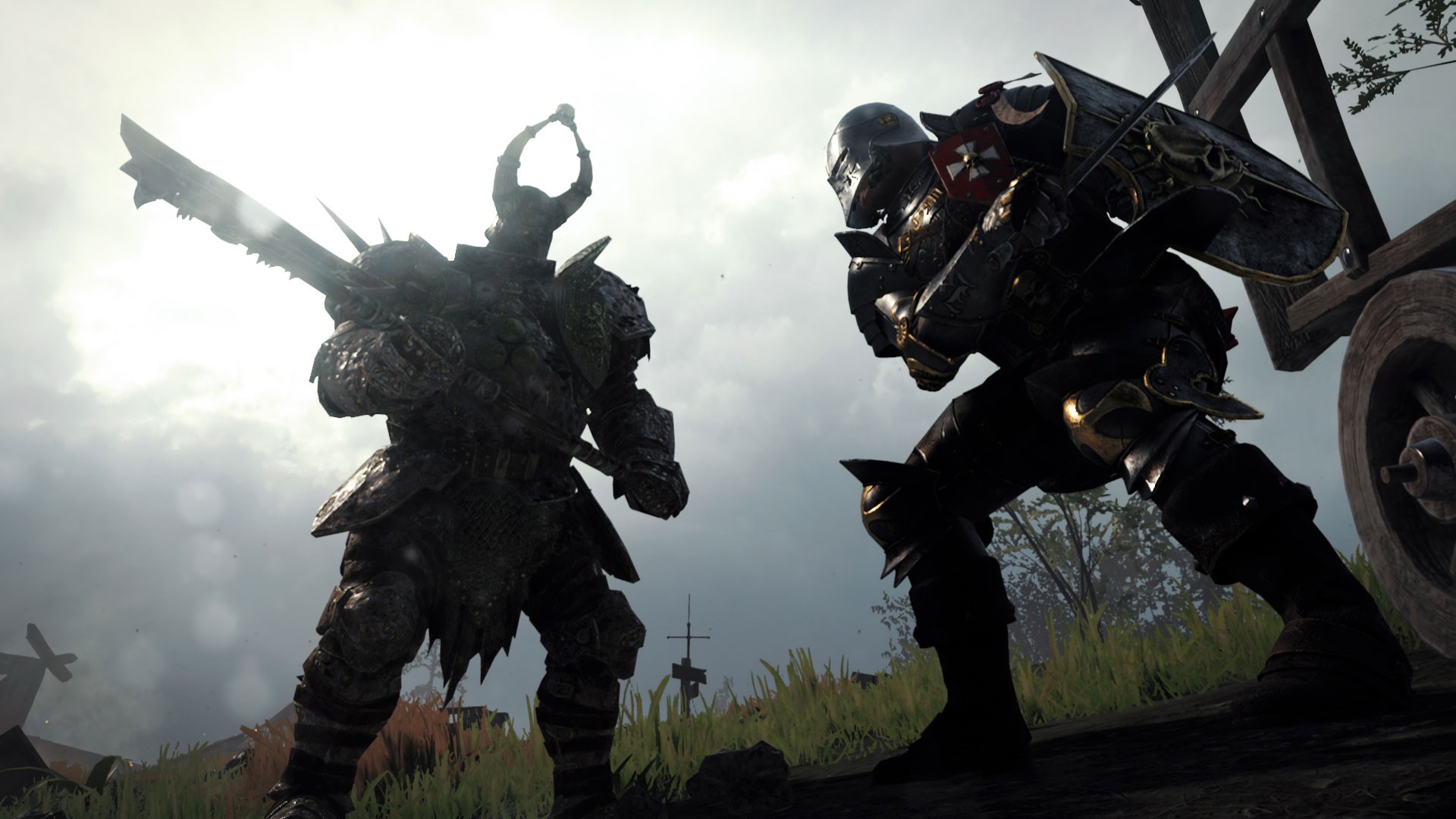 Two armored warriors fighting in a field HD Wallpaper