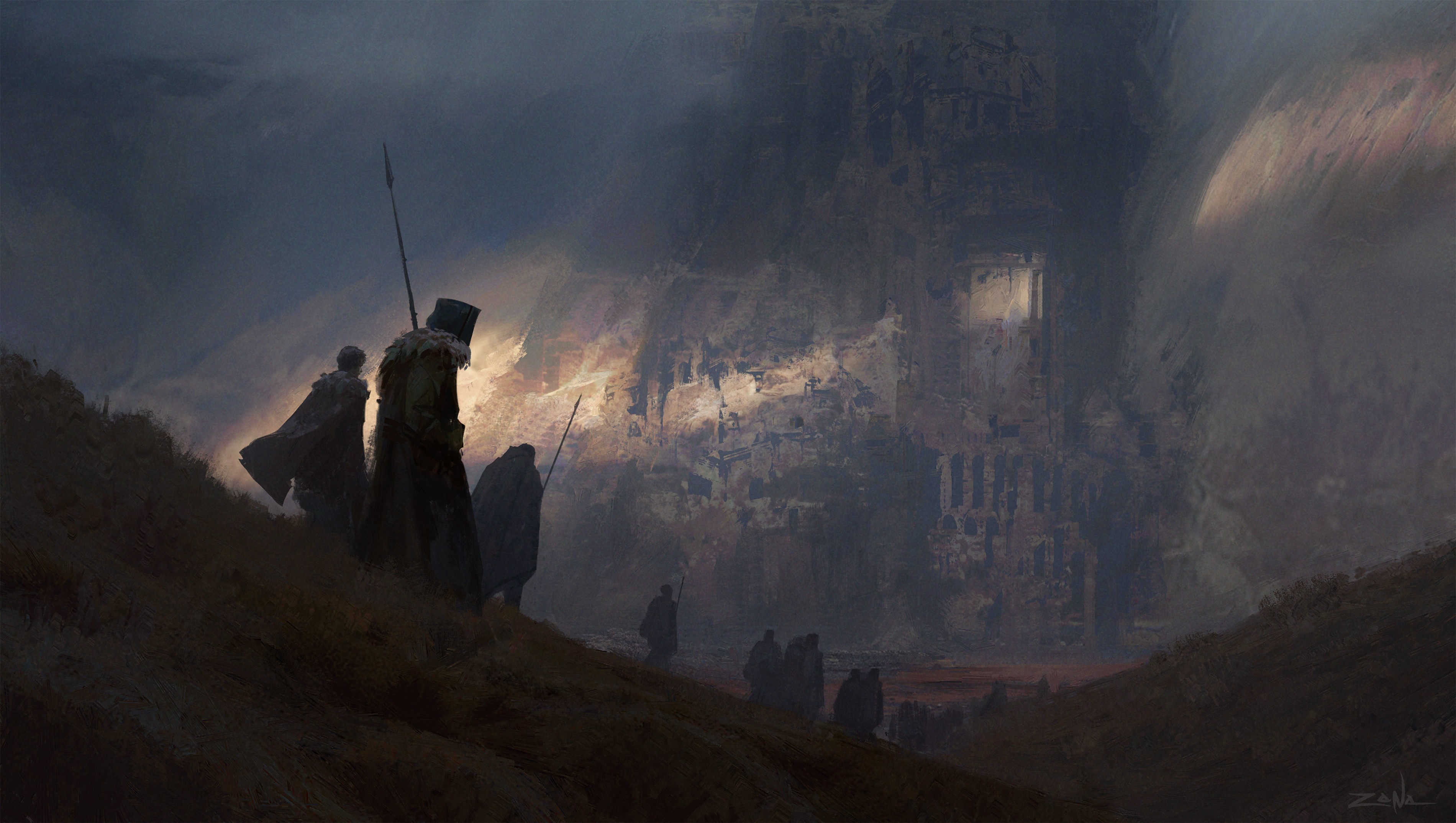 Fantasy art of warriors approaching a ruined structure HD Wallpaper
