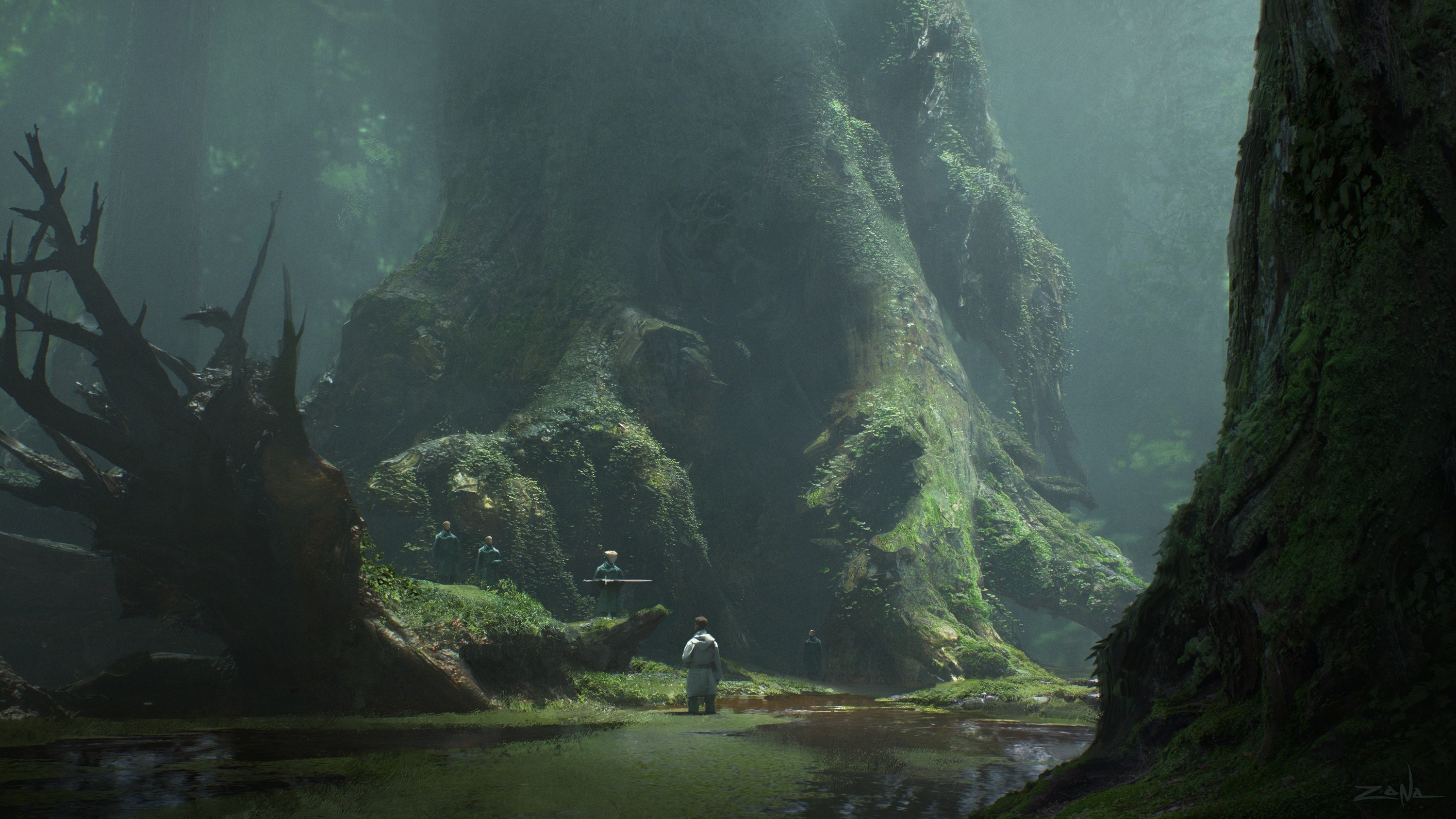 Concept art of people in a mossy forest with a large tree HD Wallpaper