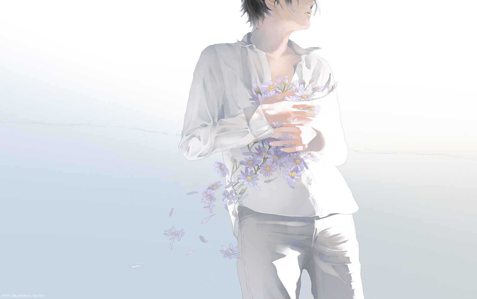Male holding purple flowers, artwork HD Wallpaper