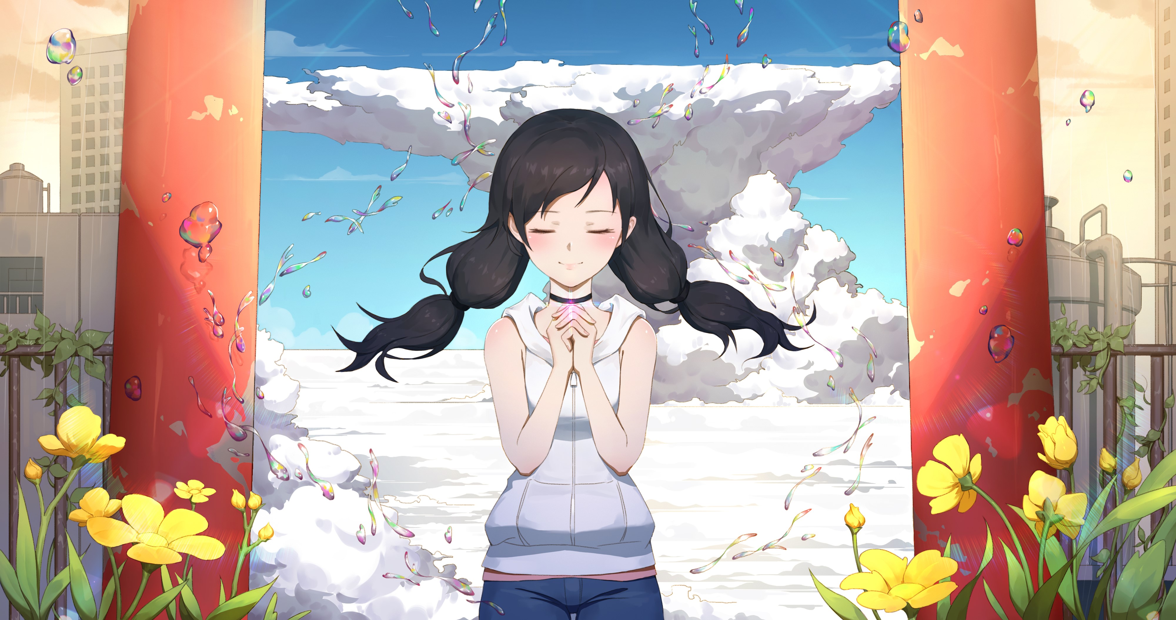 Hina Amano from Tenki no Ko in a city with flowers HD Wallpaper