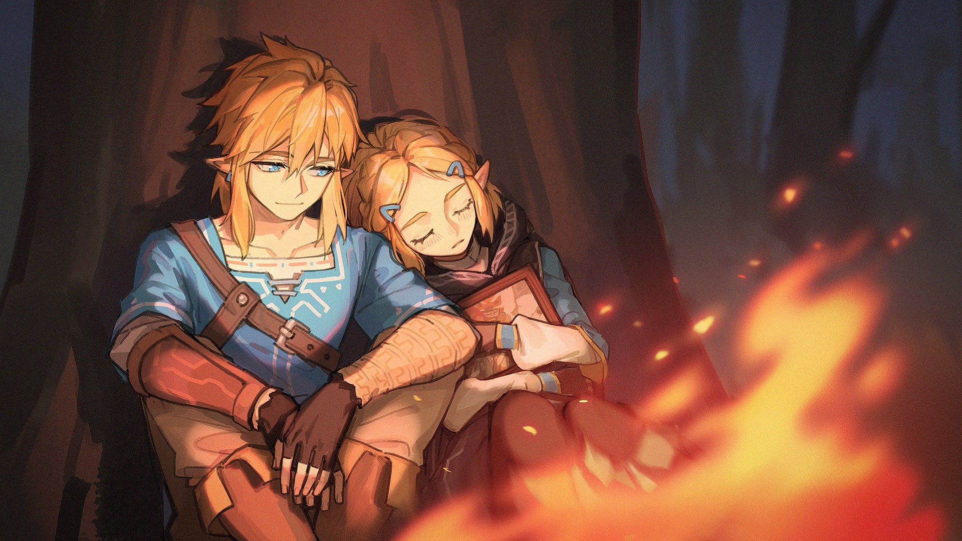 Link and Zelda from The Legend of Zelda by a bonfire HD Wallpaper