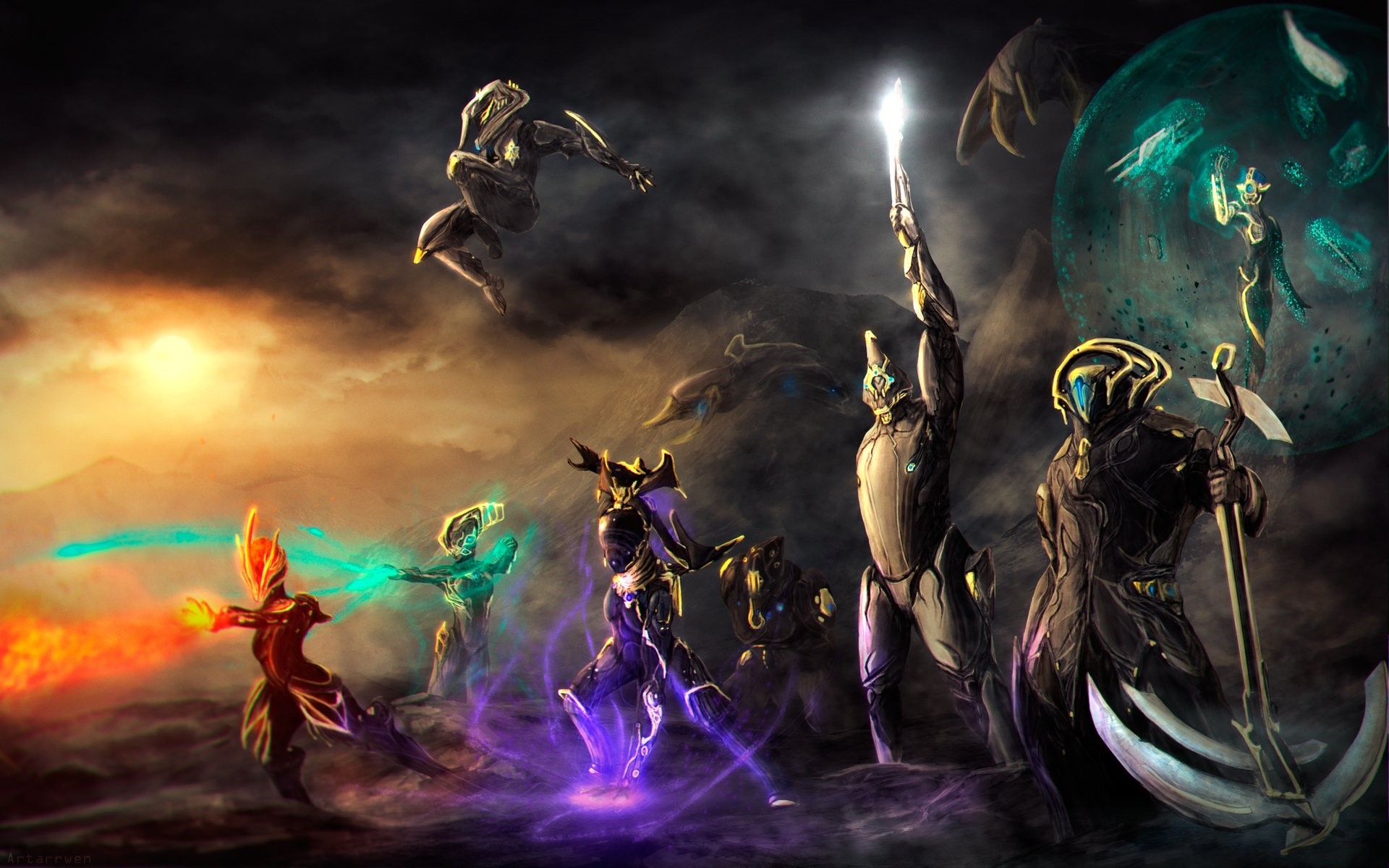 Warframe characters in a battle scene HD Wallpaper