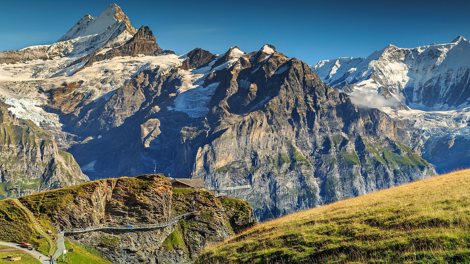 Mountain landscape with a house and a bridge in Switzerland HD Wallpaper