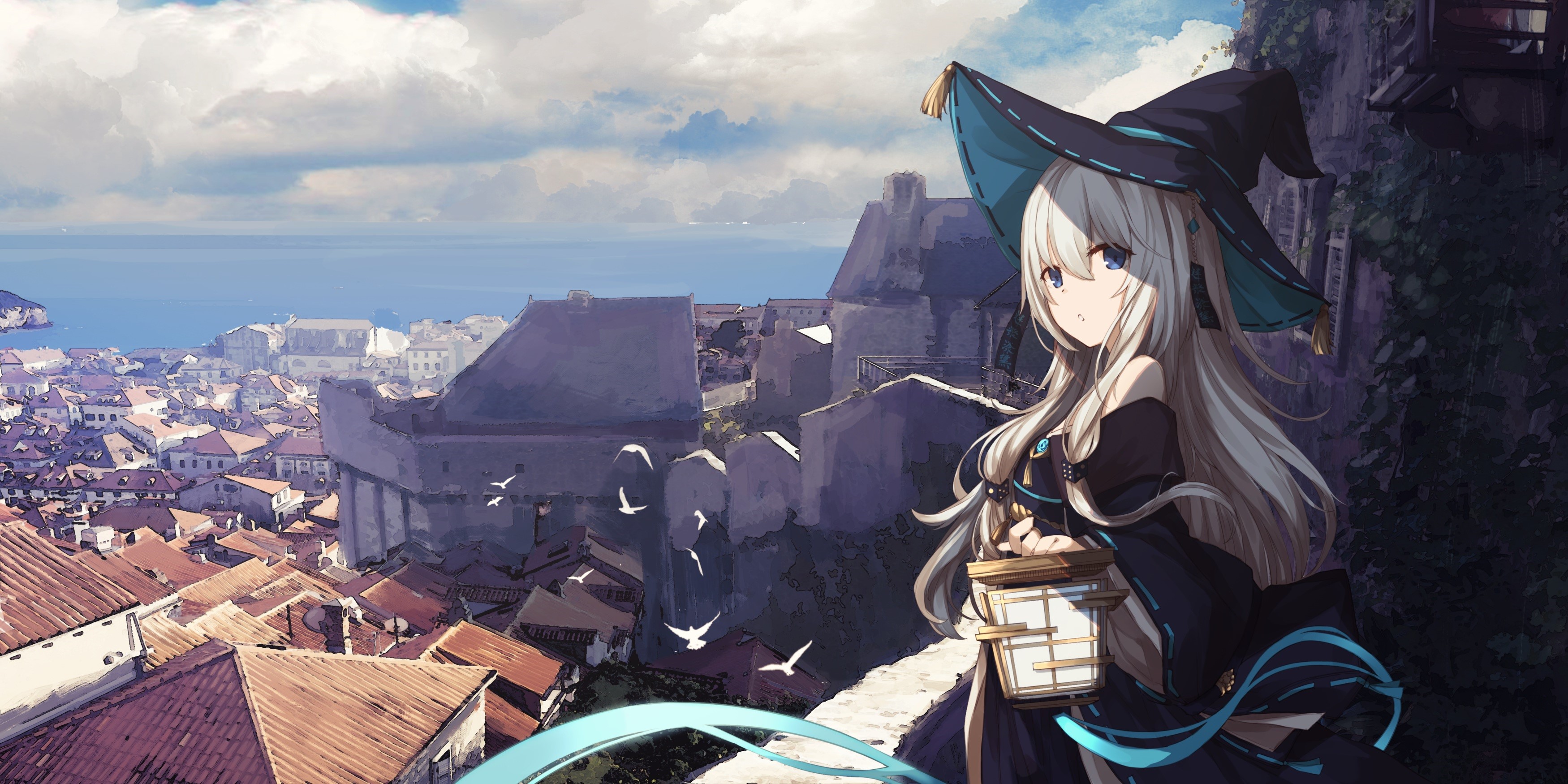 Anime girl with white hair and witch hat in a cityscape HD Wallpaper