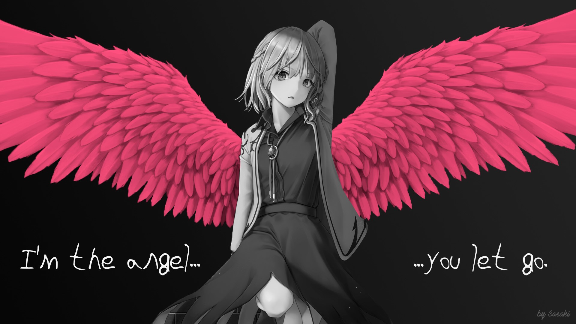 Anime girl with pink angel wings HD Wallpaper