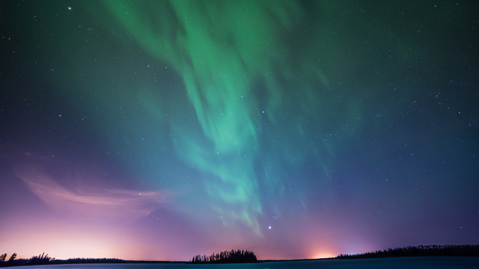 Aurora Borealis over a lake with trees HD Wallpaper
