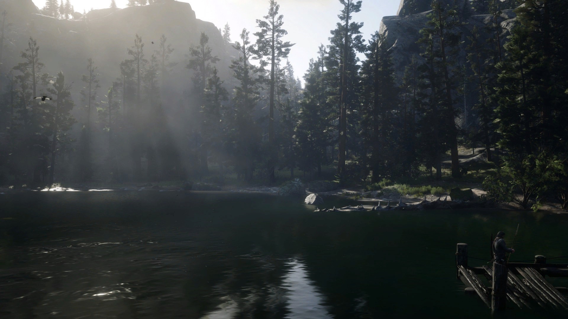 Man fishing from a dock in Red Dead Redemption 2 HD Wallpaper