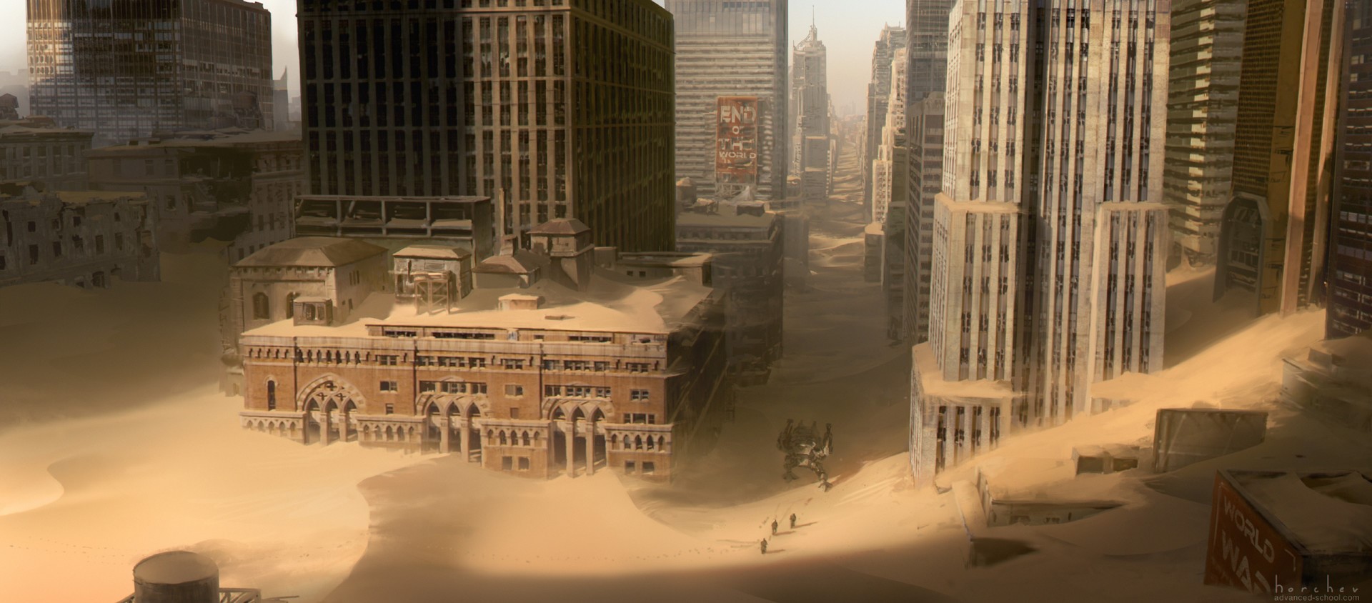 Dystopian city buried in sand with a mechanical walker HD Wallpaper