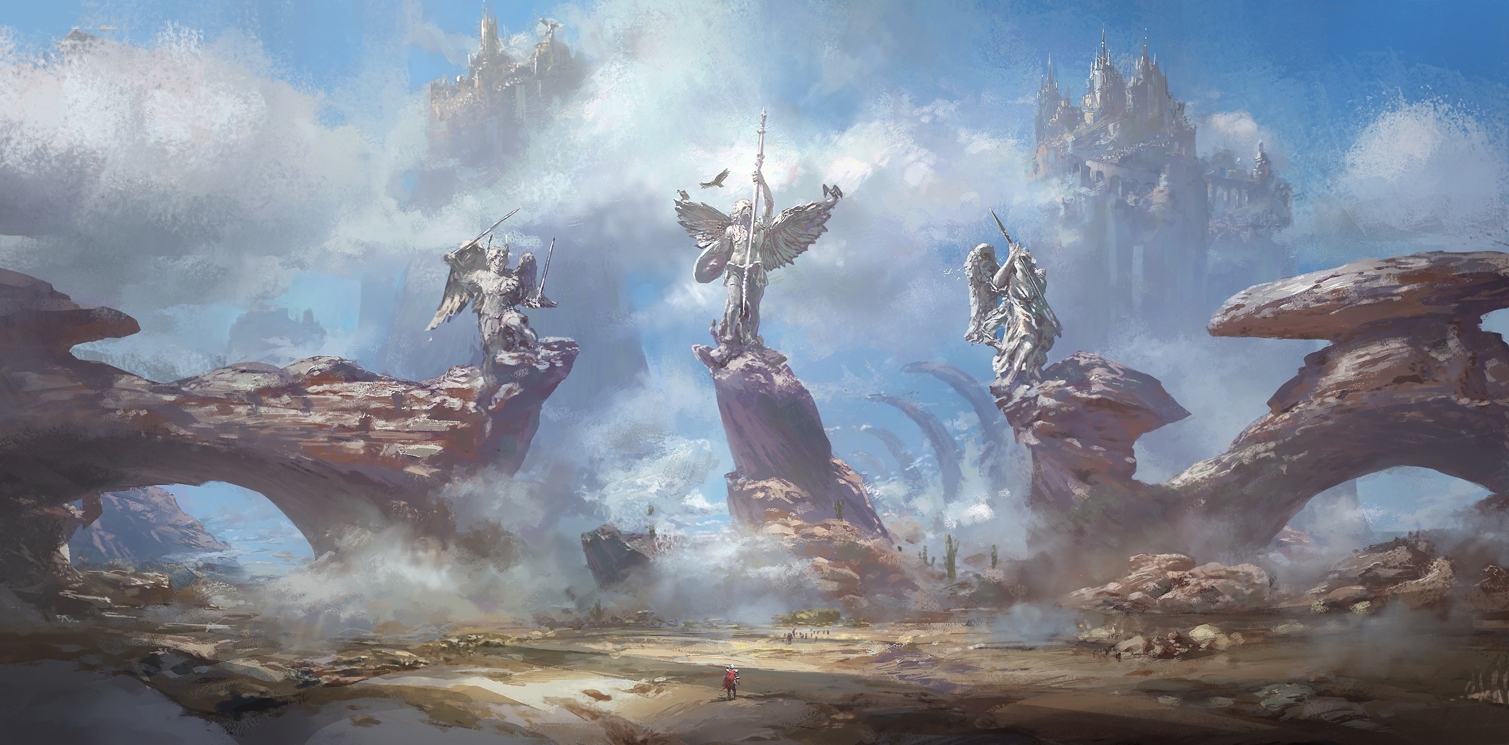 Fantasy art of angel statues and castles in the sky HD Wallpaper