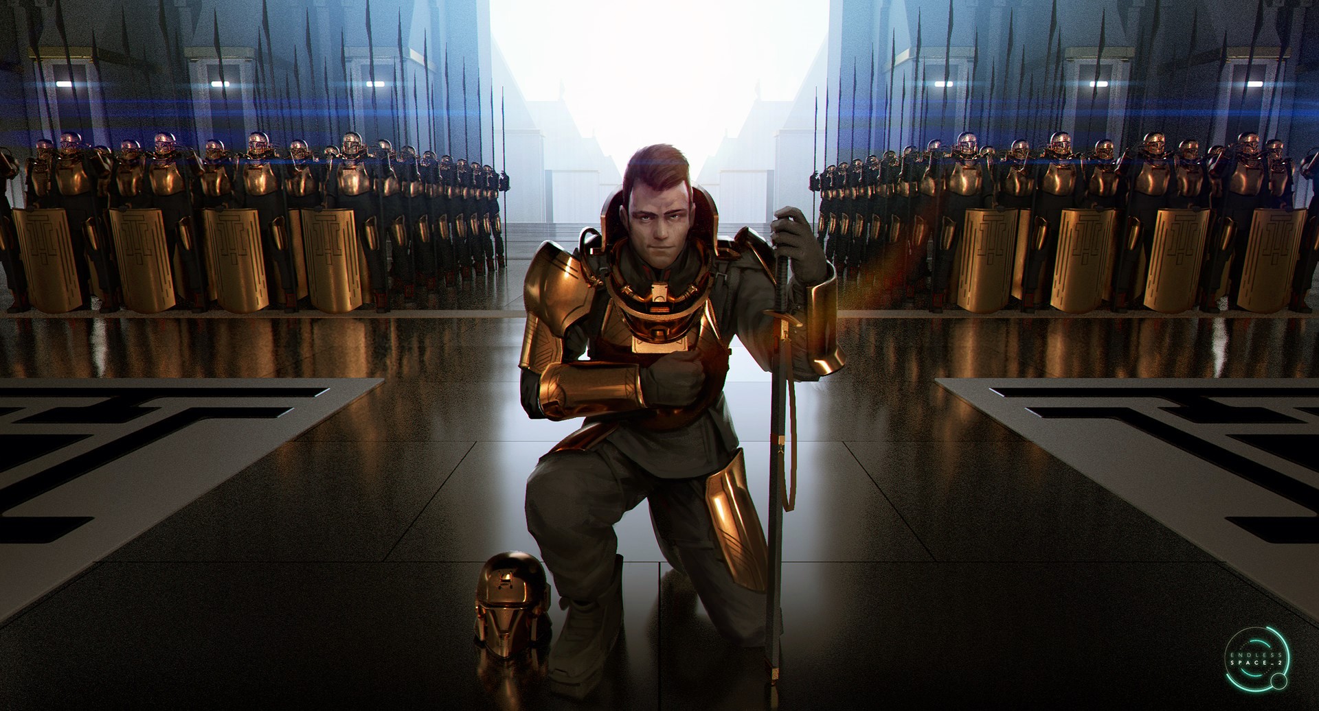 Soldier in golden armor kneeling before an army in Endless Space 2 HD Wallpaper