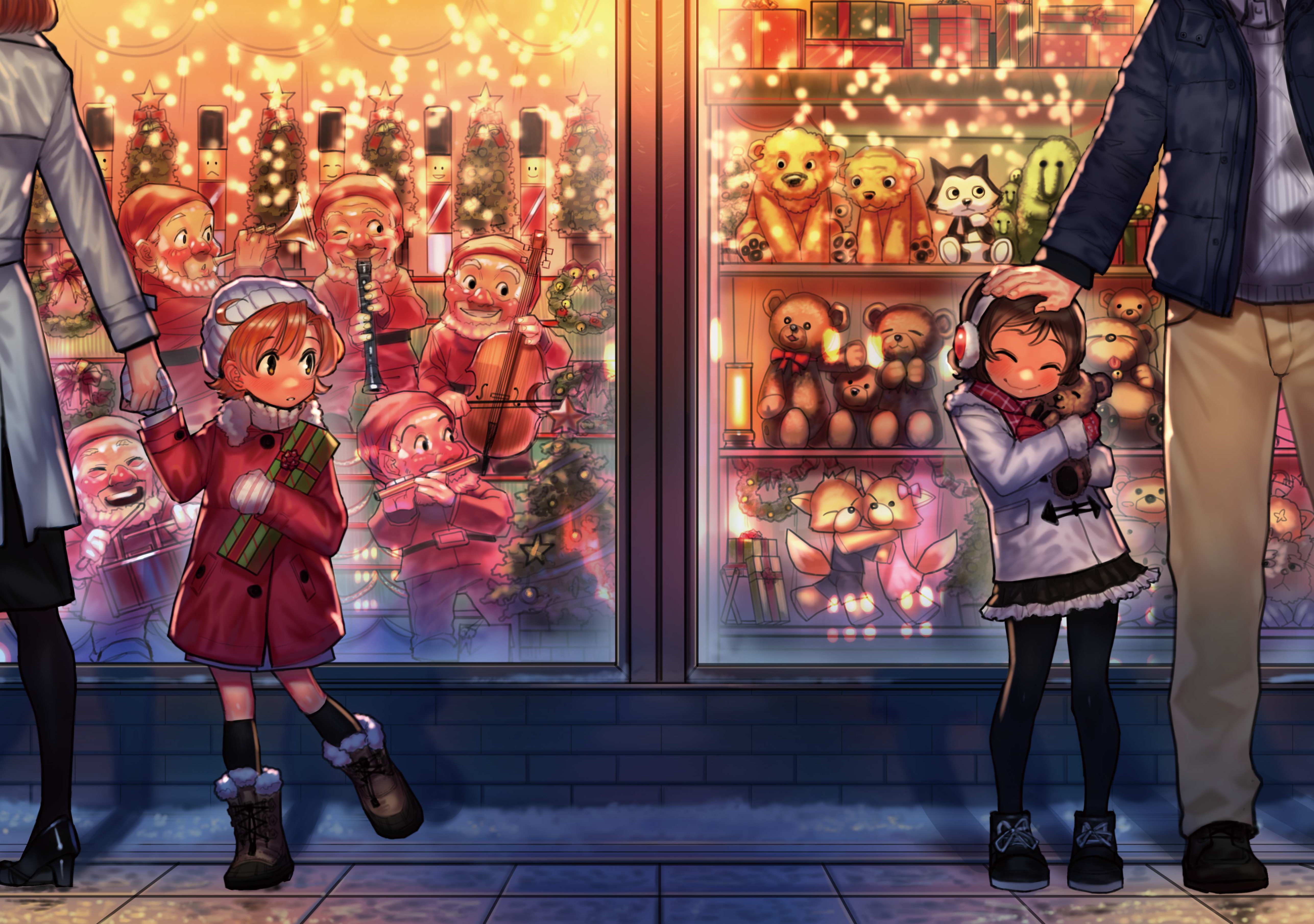 4K Christmas window display with families HD Wallpaper