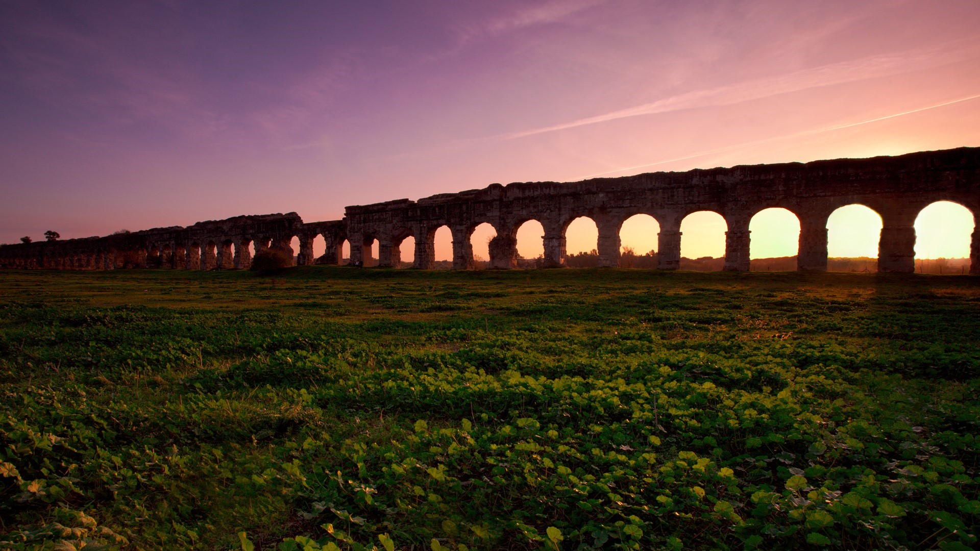 Ancient Roman aqueduct at sunset in Rome, Italy HD Wallpaper