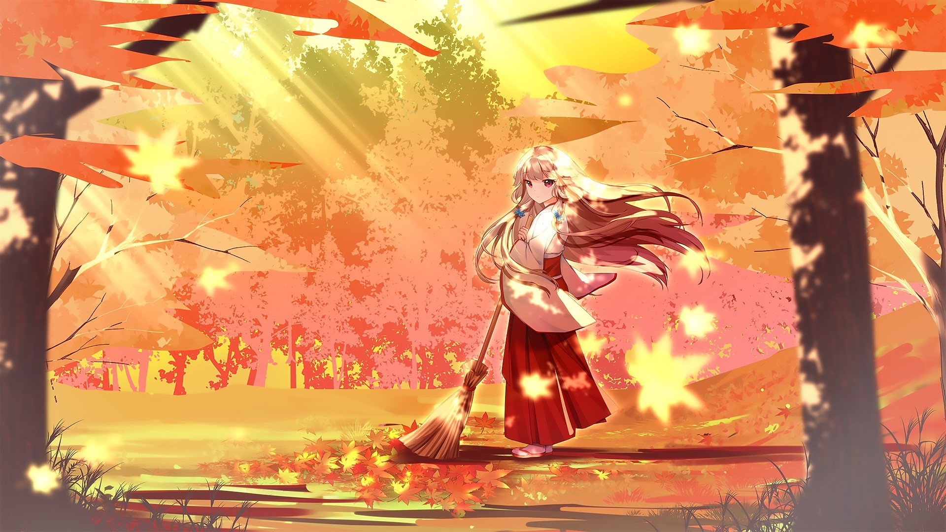 Anime girl with broom in autumn forest HD Wallpaper